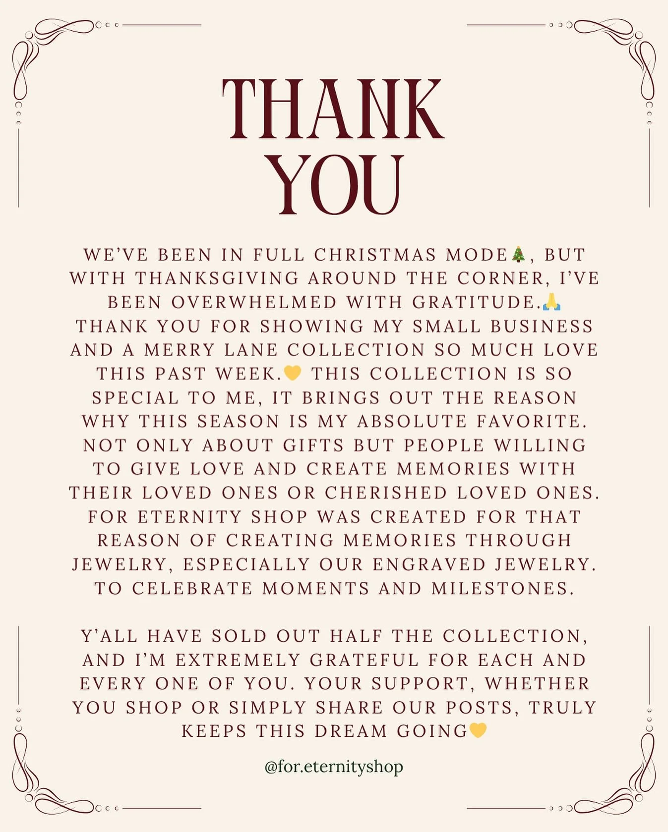 A little thank you post as we go into this holiday season💛

Thank you for being a part of this journey of accessorizing with For Eternity.🫶

If there&rsquo;s any business that would love to collaborate with us, definitely send us a message😊