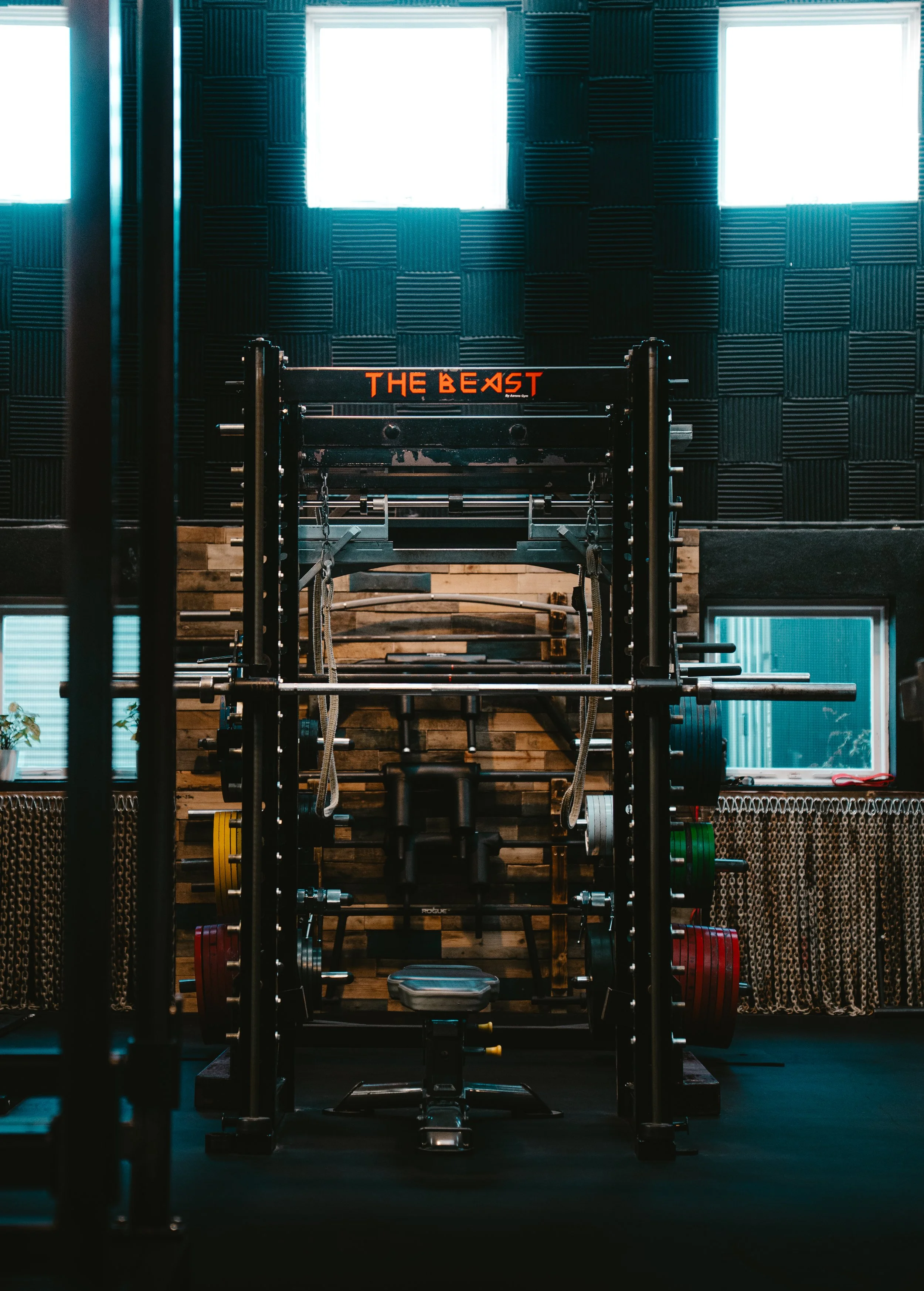 Inside a gym with weights, a squat rack, and a sign that says 'THE BEAST' on the wall.