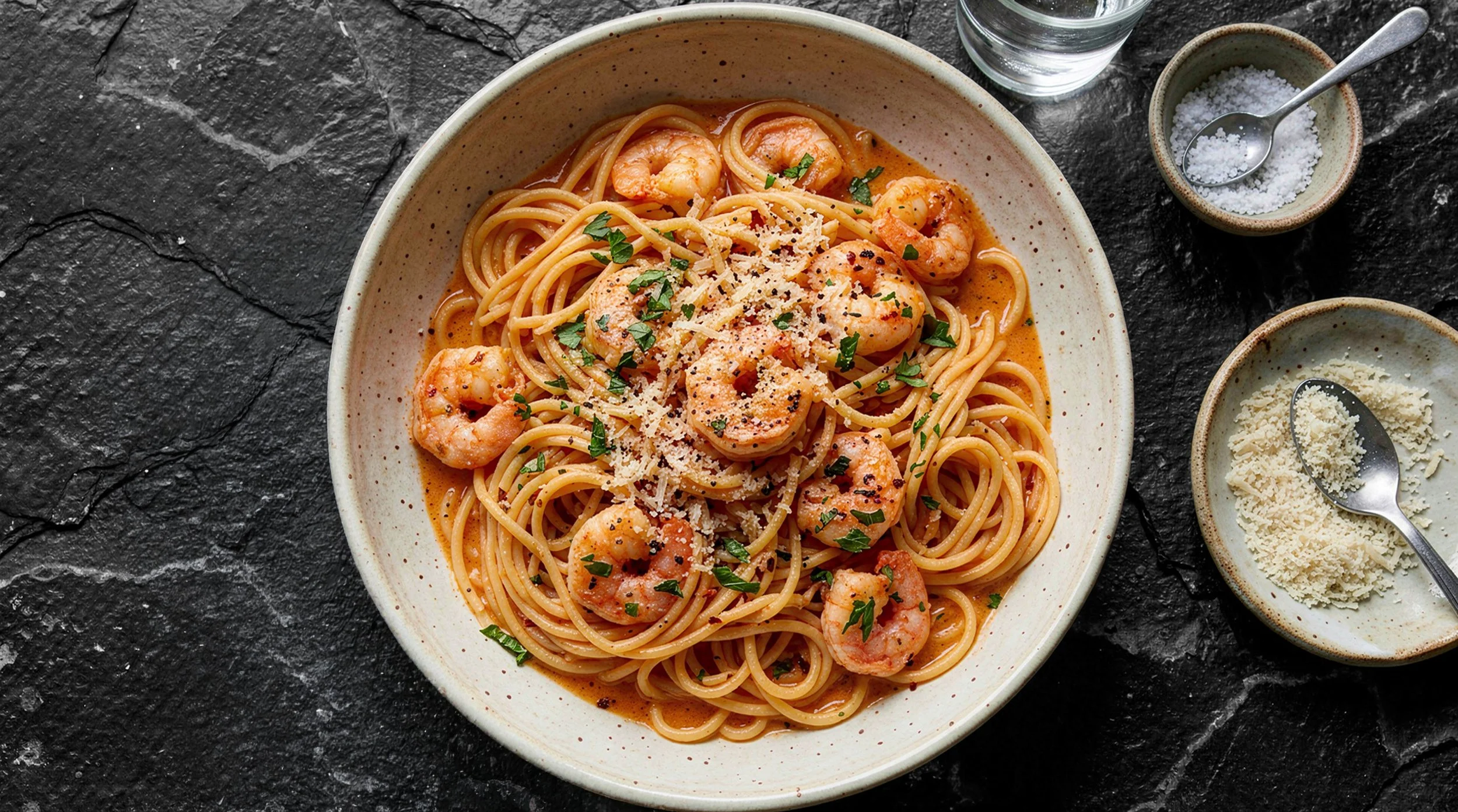 Romige pasta met scampi &amp; tomaat