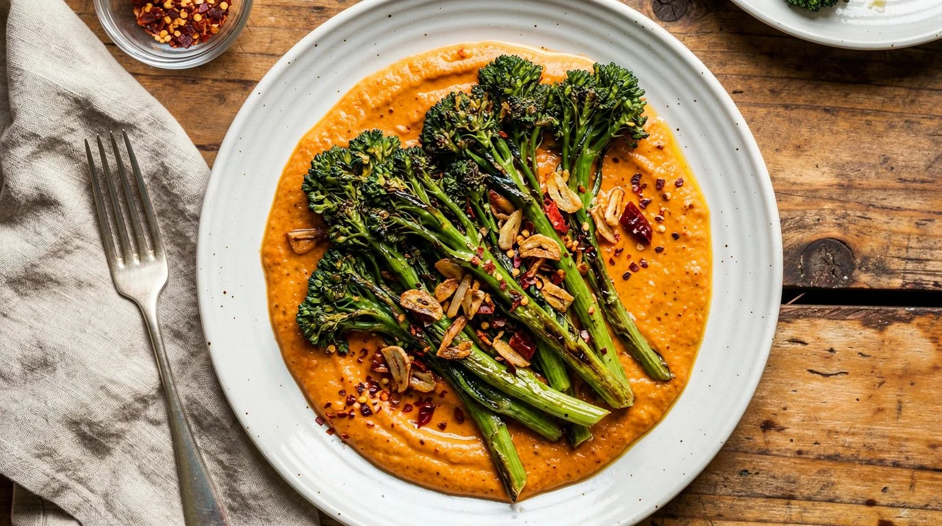Geroosterde broccolini met rode currysaus