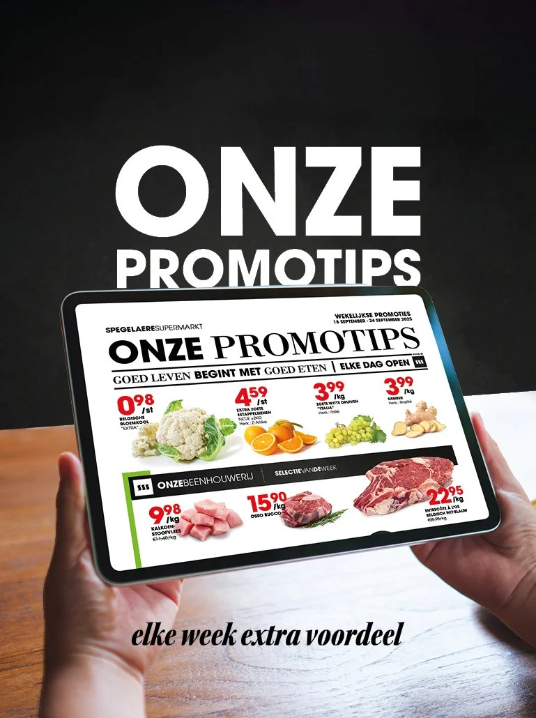 Een advertentie voor promoties van een supermarkt, met digitale folders van aanbiedingen voor foodproducten, zoals bloemkool, sinaasappels, druiven, gember en vlees.