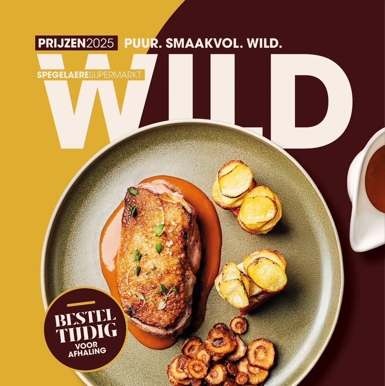 Cover van een magazine met een gerecht van geroosterde aardappeltjes, een stukje vlees met saus en enkele groentetjes, op een bord. Op de achtergrond een deel van het titelwoord 'WILD' en tekst over prijzen en smaak.
