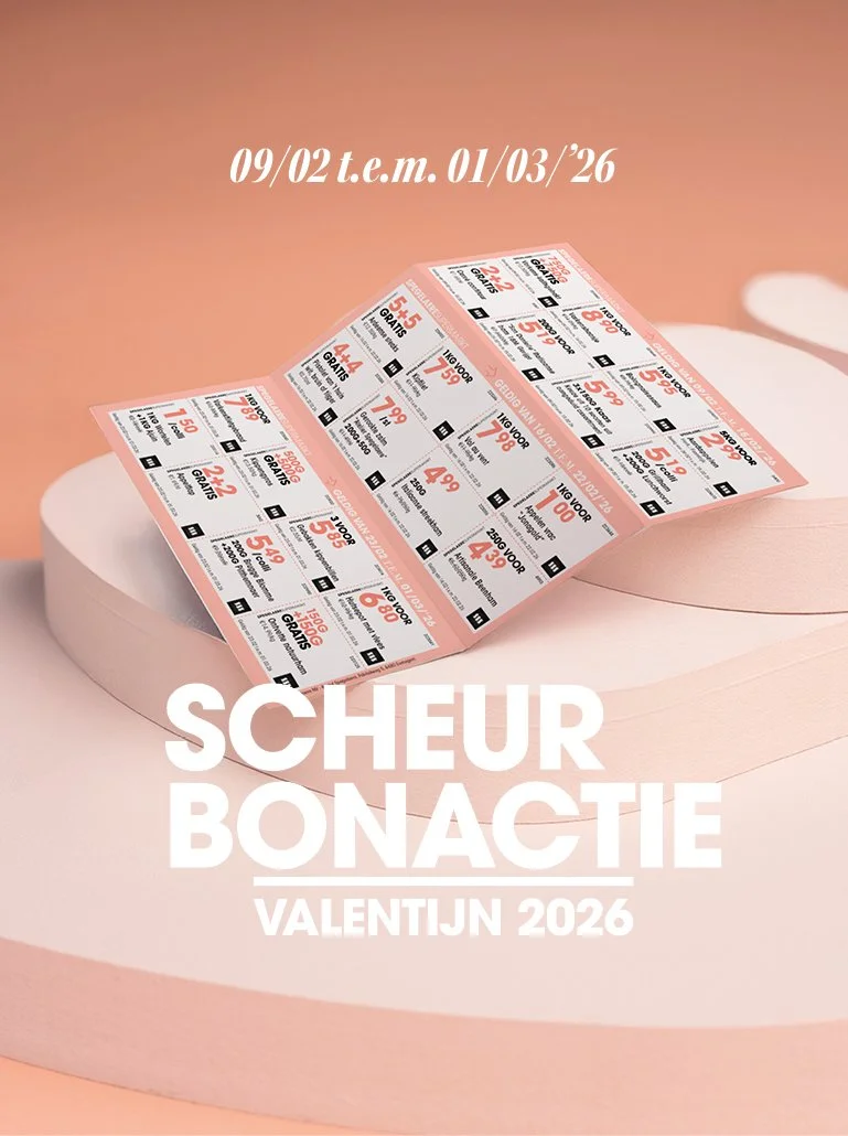 Een kortingsbon voor Valentijn 2026 met data en prijzen, gelegd op een lichtroze en beige achtergrond.