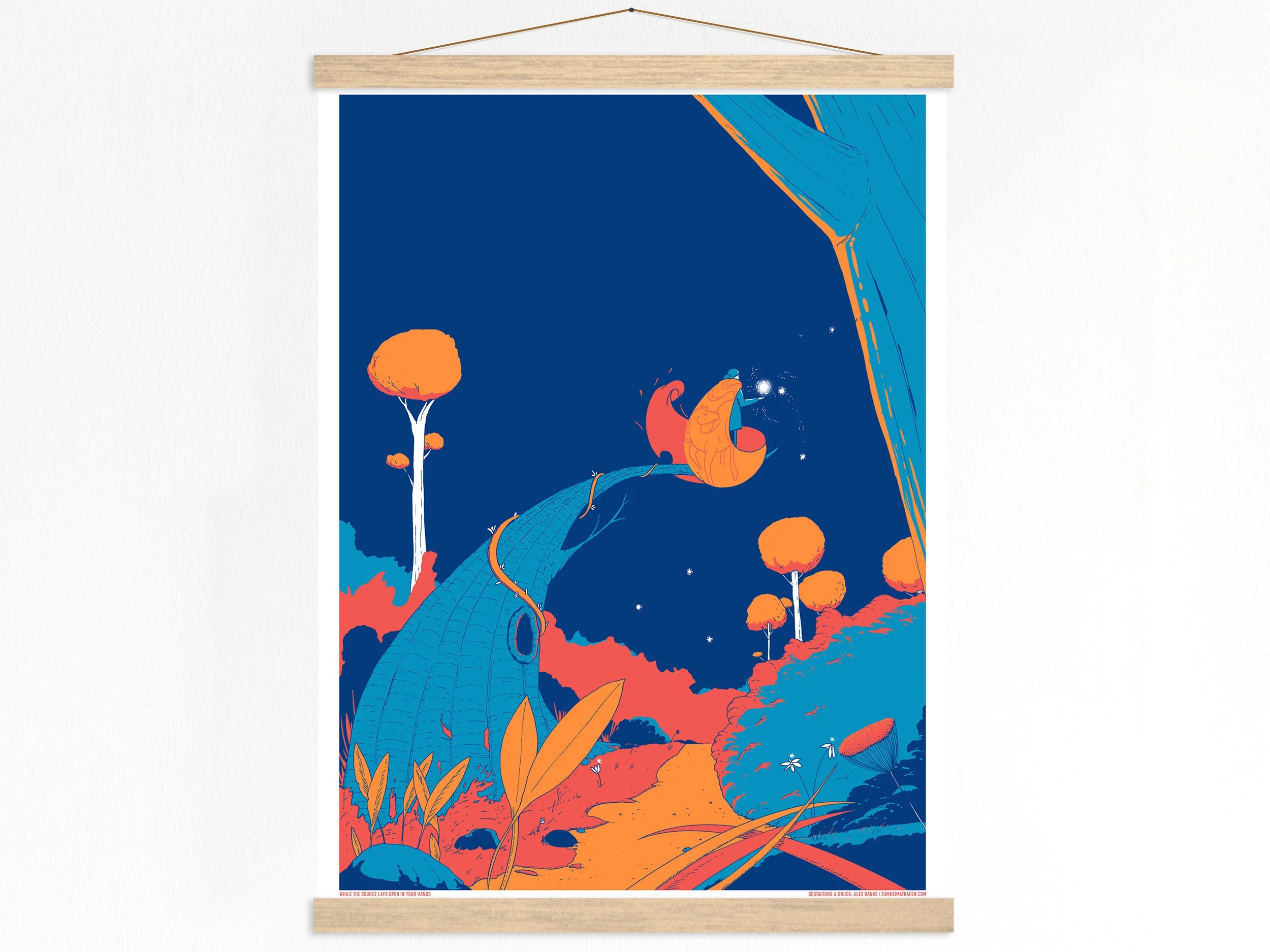 Illustration of a forest with a woman hanging on a wall