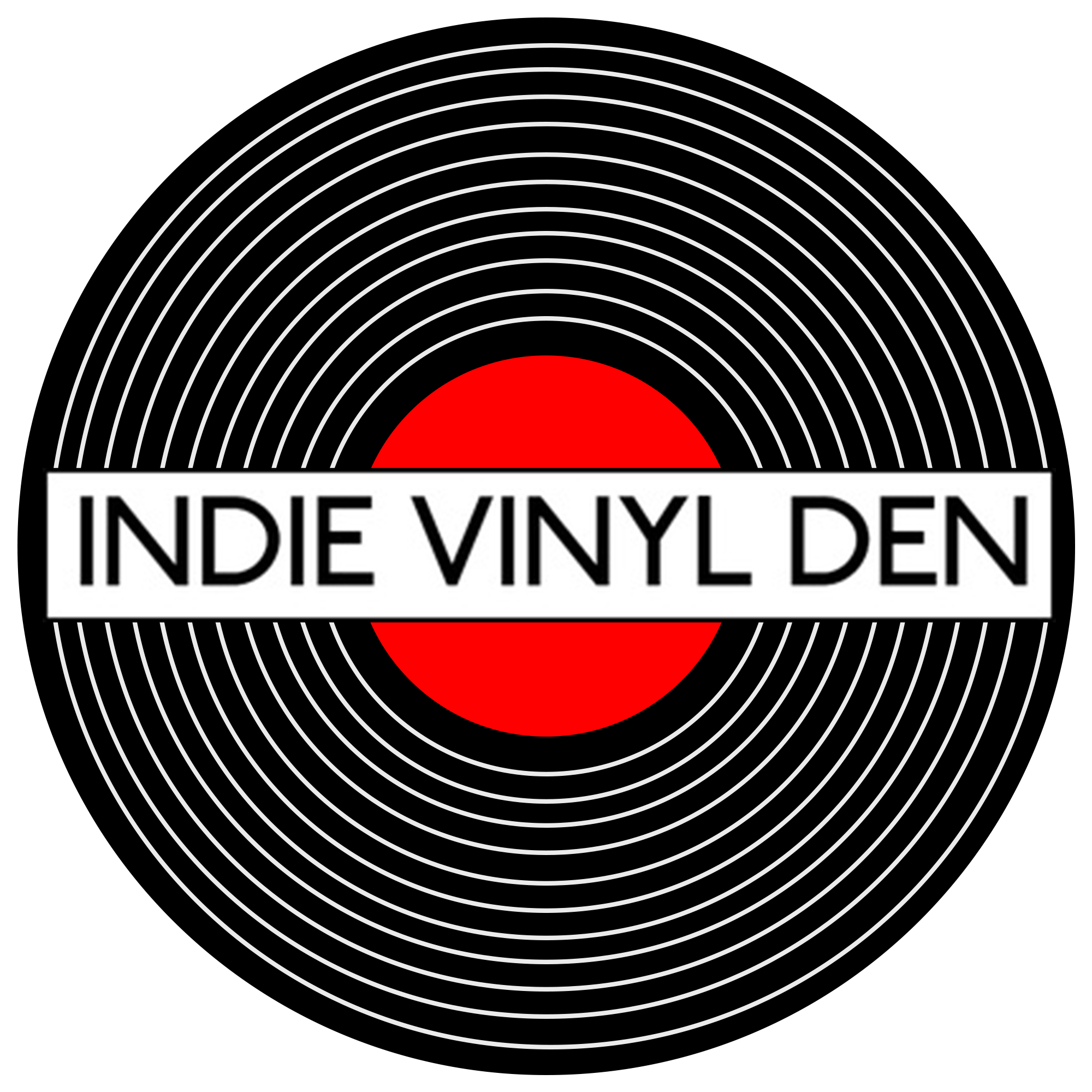 Graphic with concentric white circles on black background, a red circle in the center, and a white banner with black text 'INDIE VINYL DEN' across the middle.