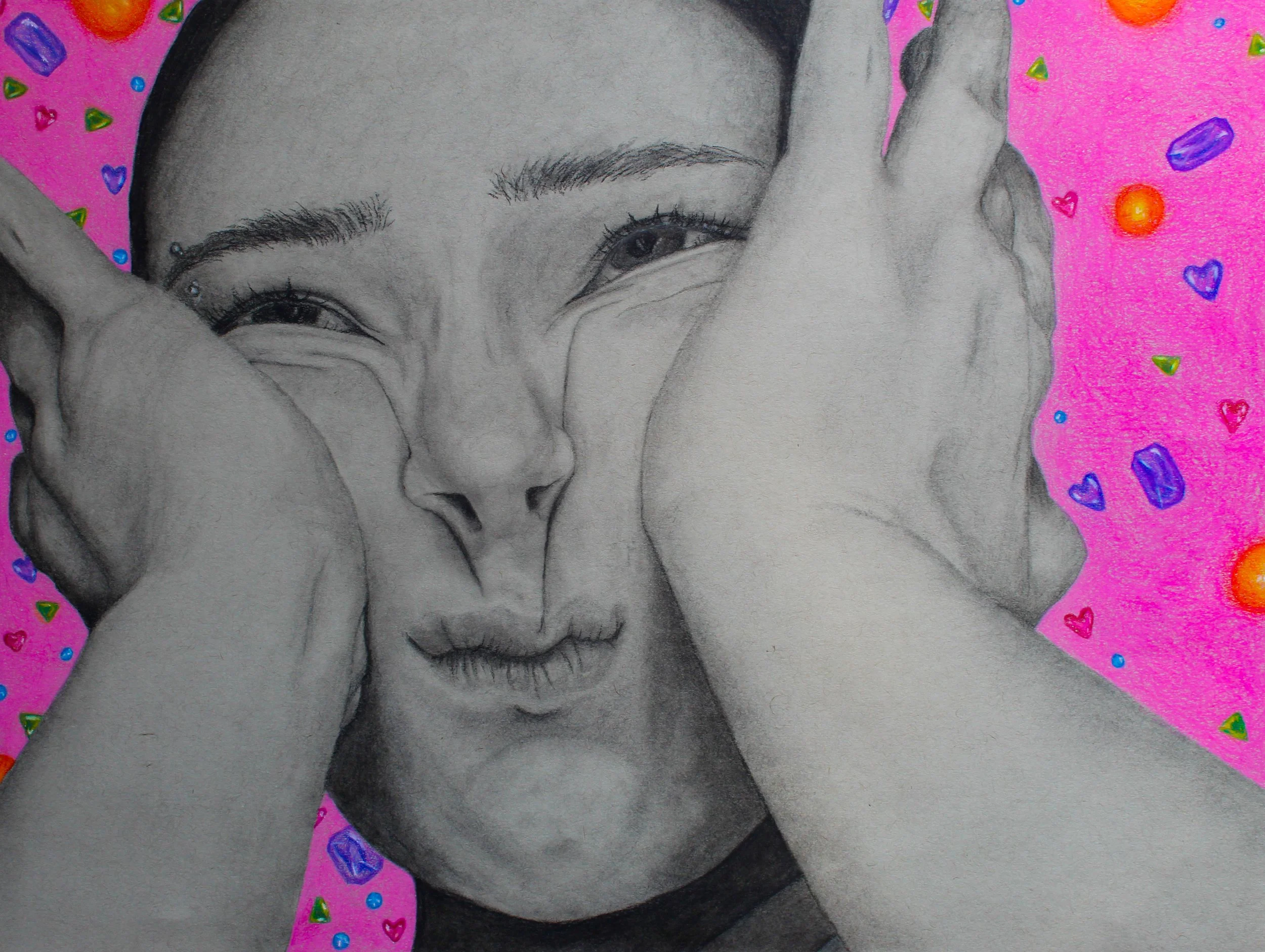A detailed pencil drawing of a young woman with her hands framing her face and covering parts of her cheeks. She has thick eyebrows, long eyelashes, and a piercing above her left eyebrow. The background is pink with colorful, small, gem-like and heart-shaped decorations.