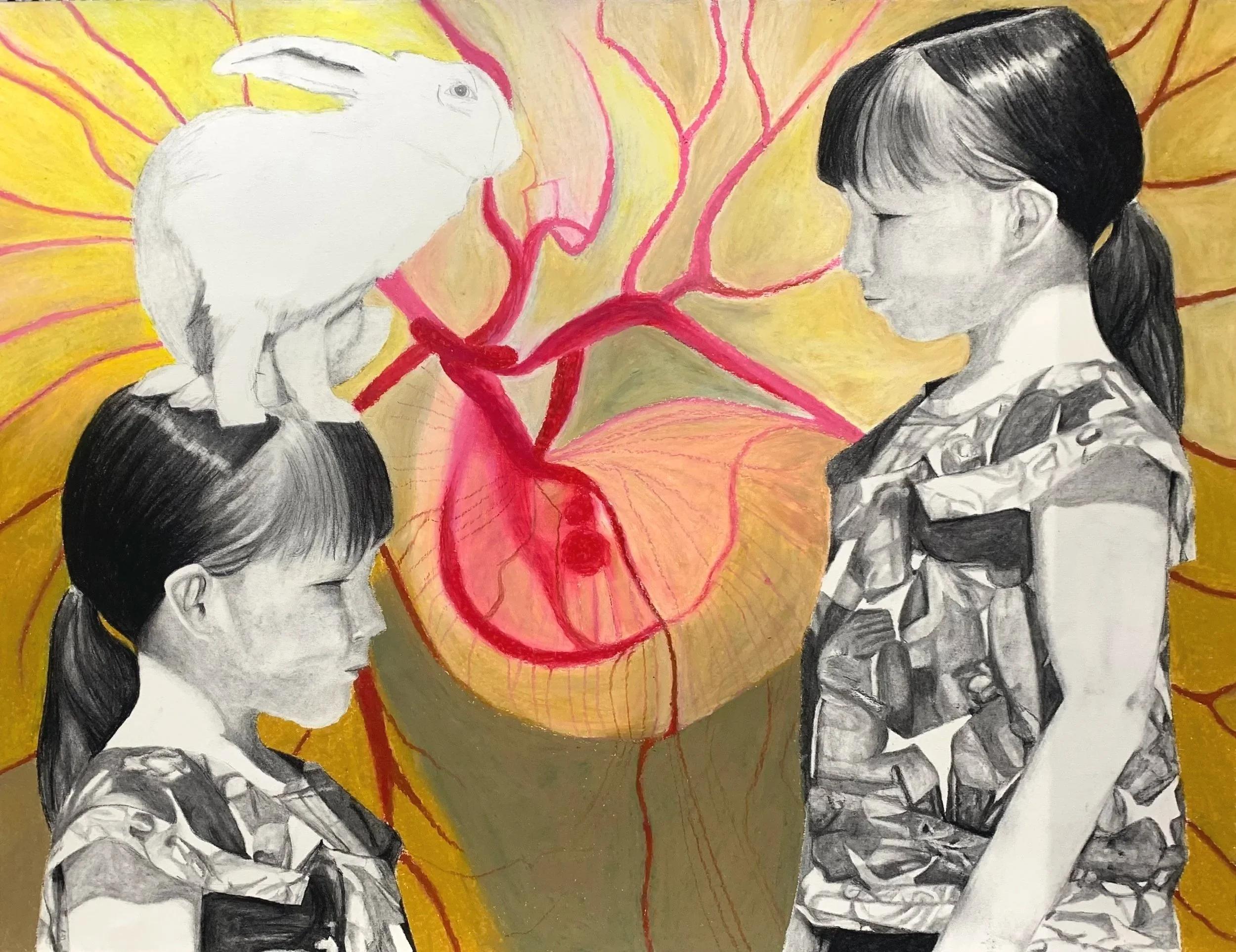 A mixed media artwork depicting two girls with straight dark hair, wearing patterned shirts, facing each other with eyes closed, and a rabbit on top of someone's head. A stylized red anatomical heart with branching veins is in the background.