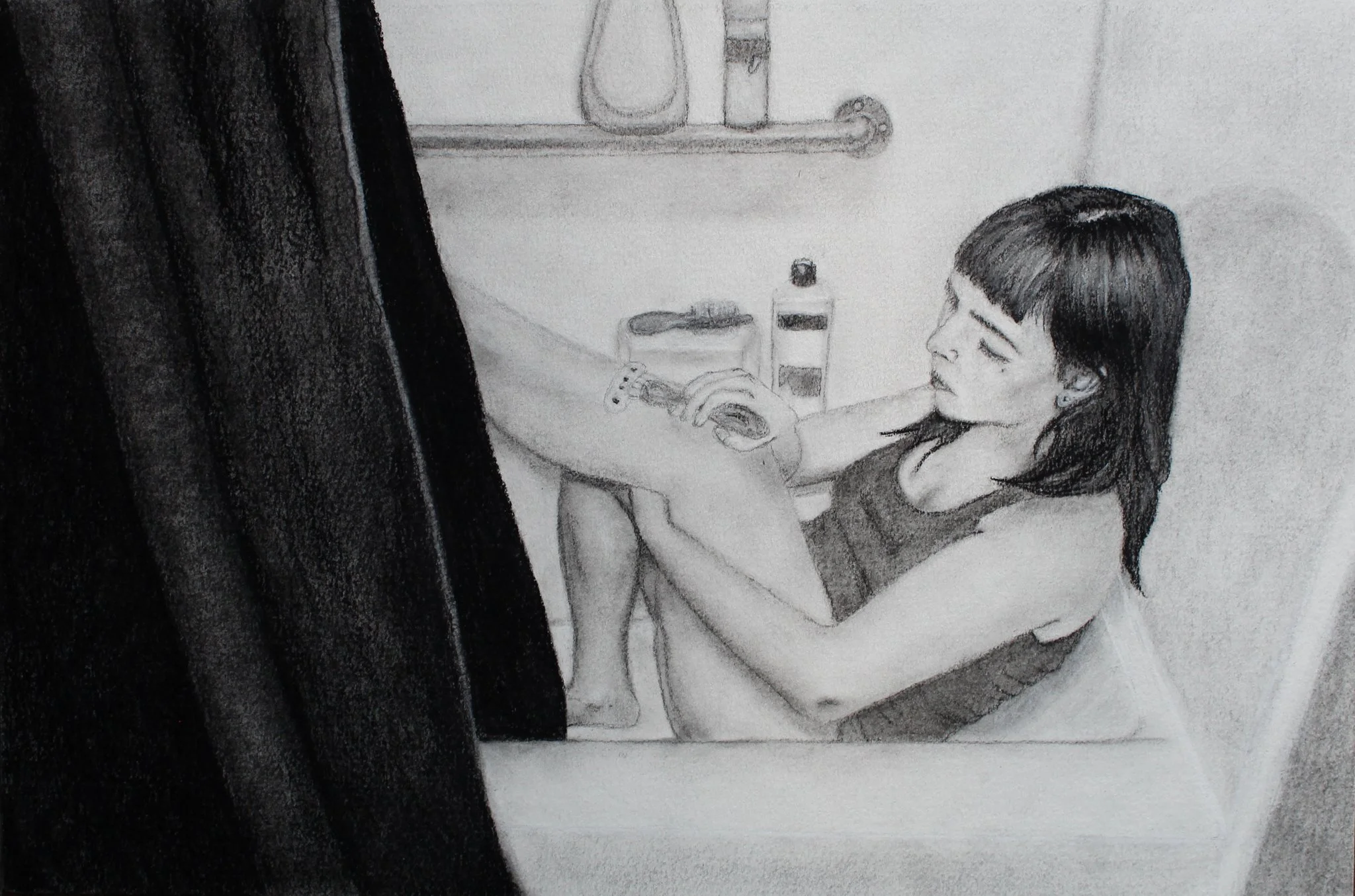 Black and white sketch of a woman in a bathtub with a black towel or curtain partially blocking view, holding a shower head and looking down thoughtfully.