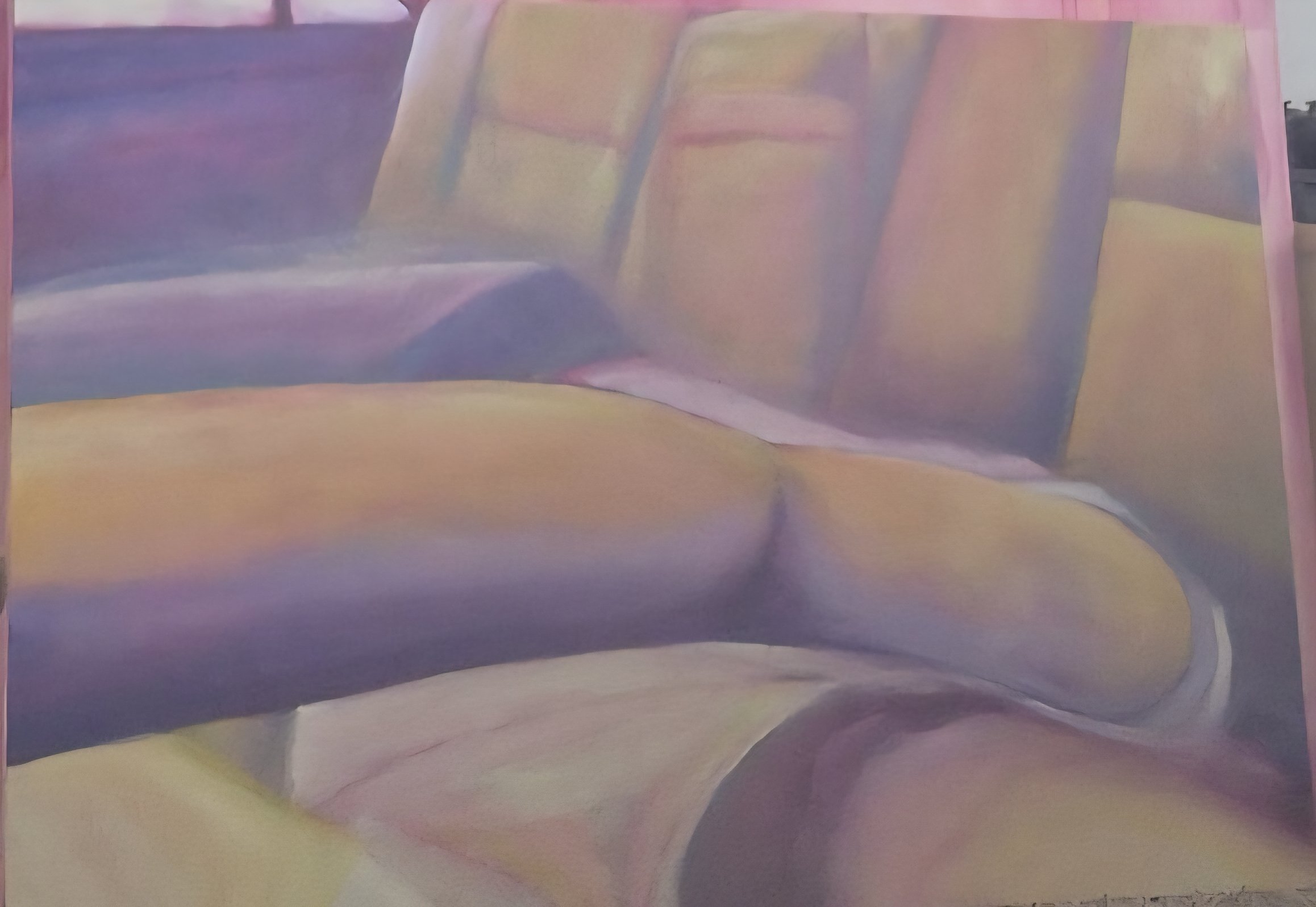 An abstract painting of a sofa using soft pastel colors like pink, purple, yellow, and blue with smooth, flowing brushstrokes.