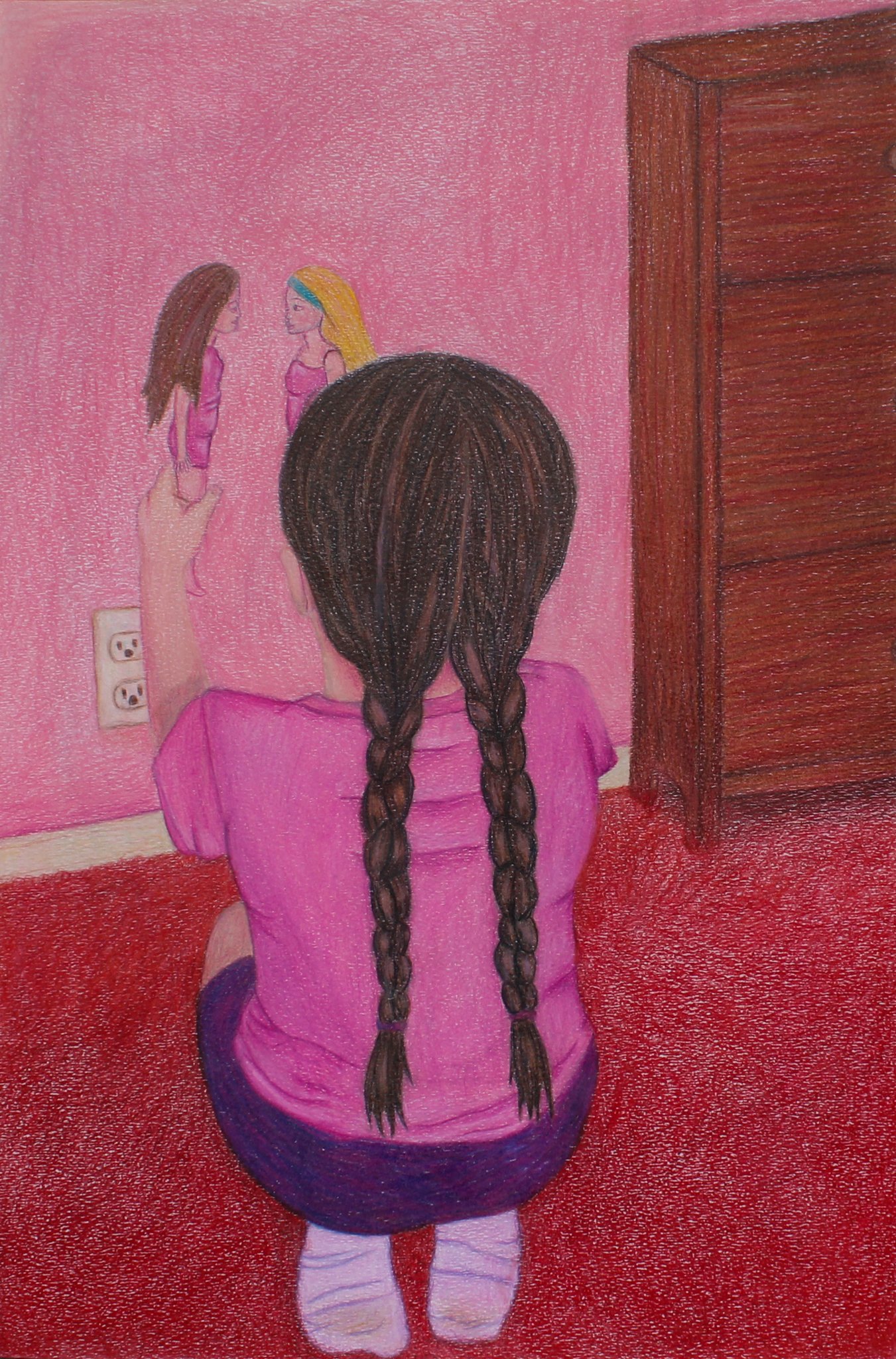 A drawing of a girl with long brown hair in two braids, sitting on a red carpeted floor, facing a pink wall with two electrical outlets. In front of her are two other girls standing in front of the wall, seen from behind and slightly to the side, both wearing pink tops. One girl has long brown hair, and the other has long blonde hair with a blue streak, both wearing beige pants.