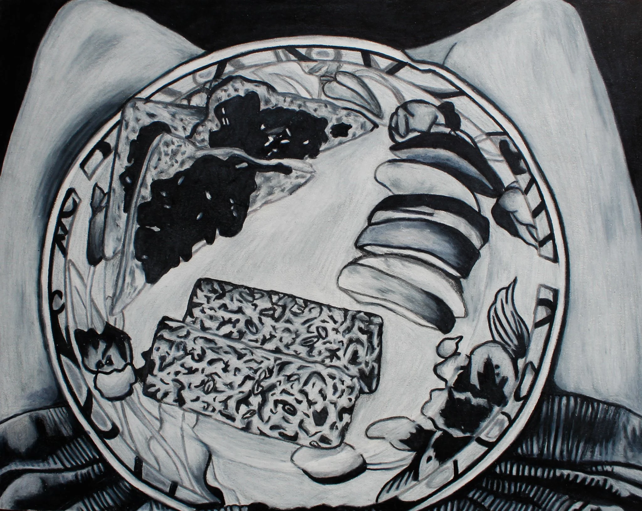 A plate of assorted snacks including slices of bread with toppings, a bunch of banana slices, and some other snack items on a decorated plate.