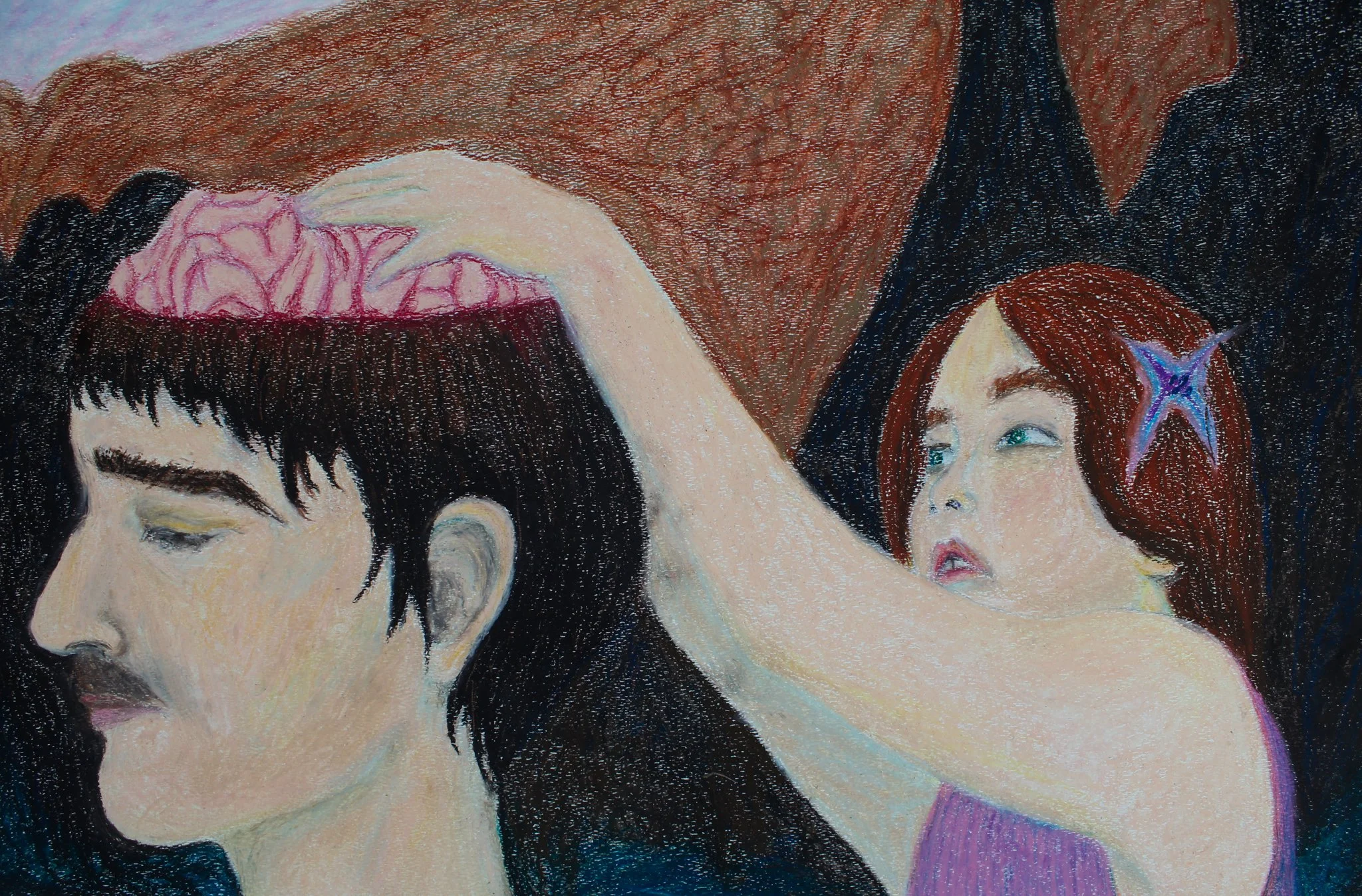 An artwork showing a woman with dark short hair and a man with dark hair, whose head is being opened by the woman with her hand, revealing pink brain tissue inside. The woman has a star-shaped decoration in her hair, and the scene has a dark background with abstract shapes.