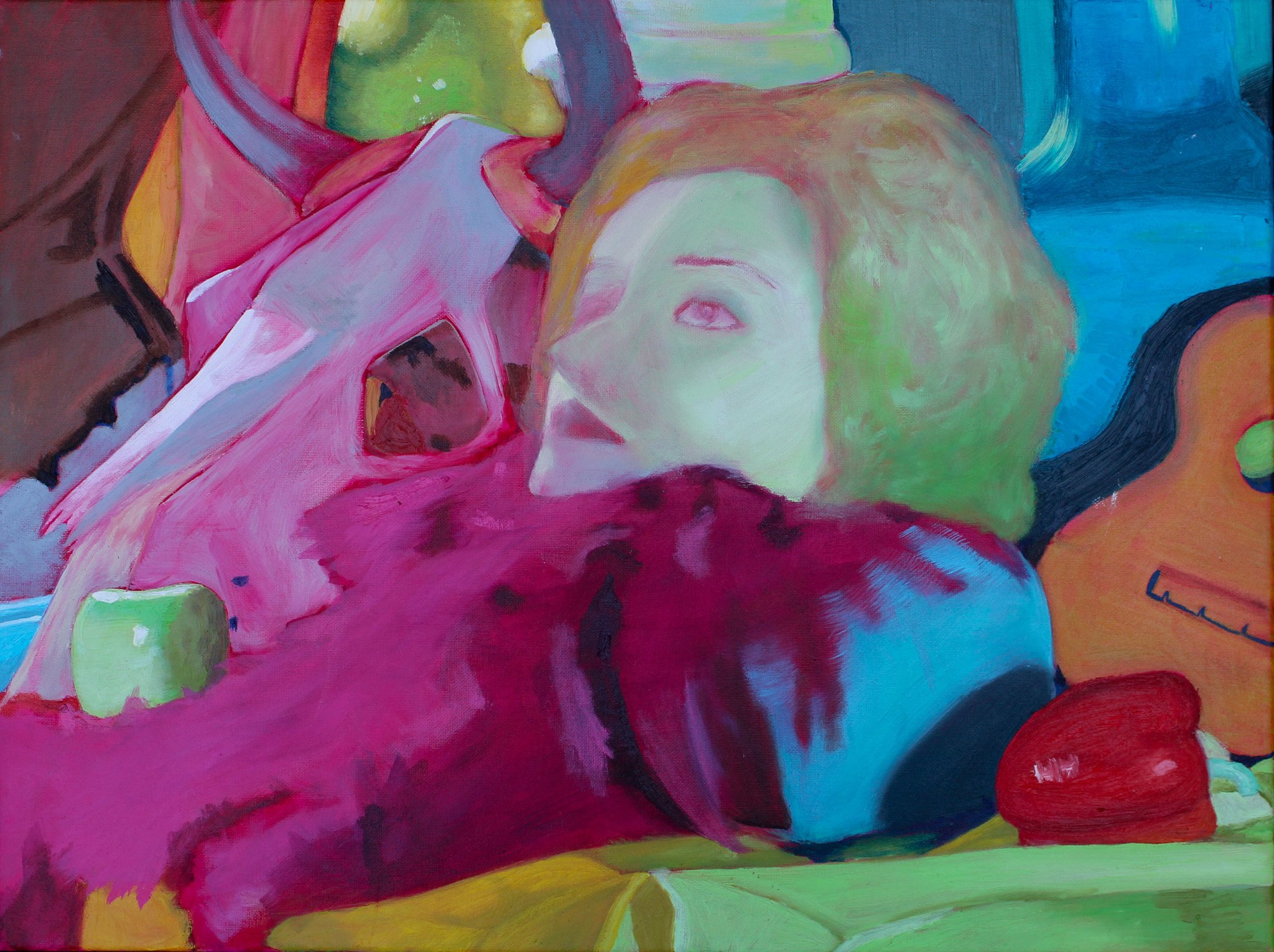 A colorful abstract painting featuring a woman's face with greenish skin and red hair, surrounded by various objects including a pink cloth and a red curled object at the bottom right.