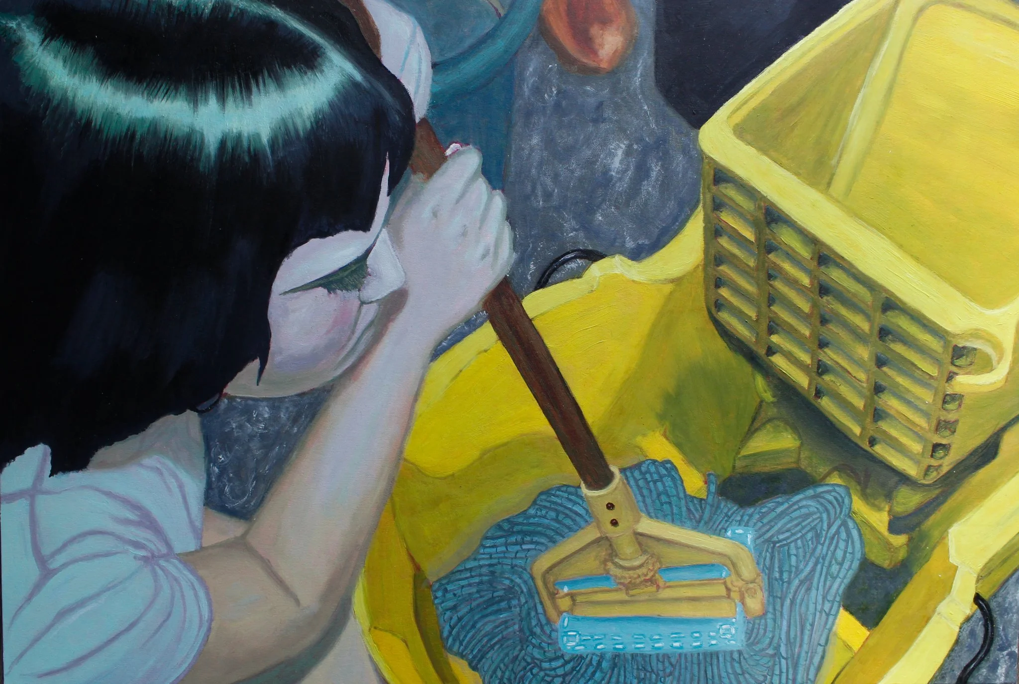 A person with black hair cleaning a yellow vacuum cleaner with a mop head.