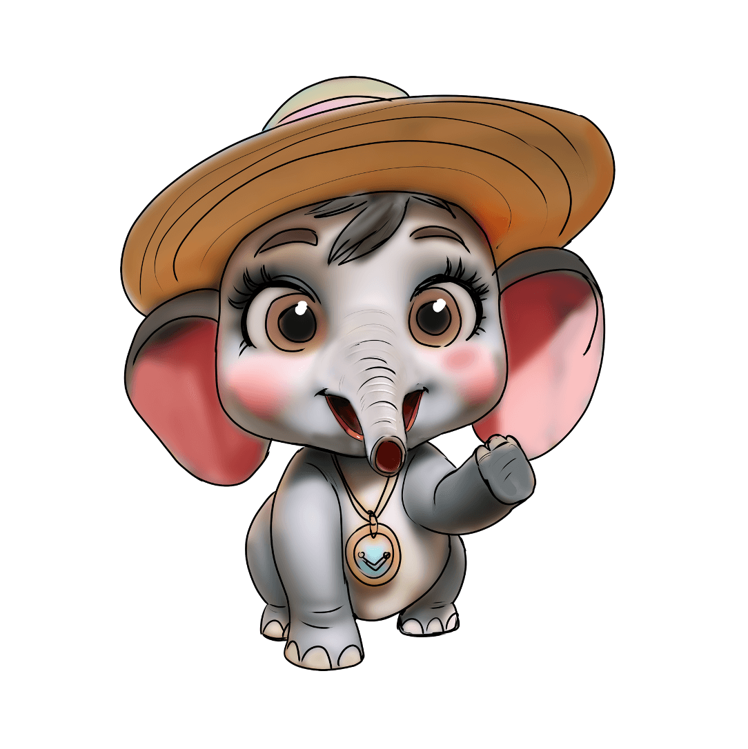 Cartoon baby elephant with big eyes, pink cheeks, wearing a straw hat and a necklace, raising a trunk.