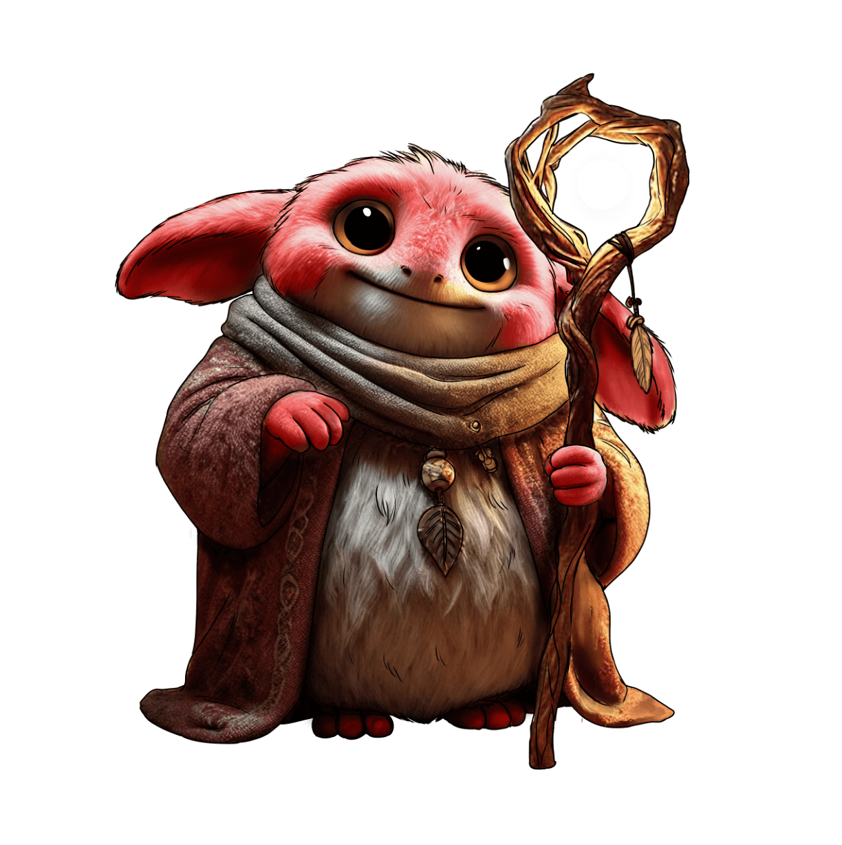 Cute fantasy creature with large dark eyes, pink fur, elf-like large ears, wearing medieval-style robe and scarf, holding a twisted wooden staff.