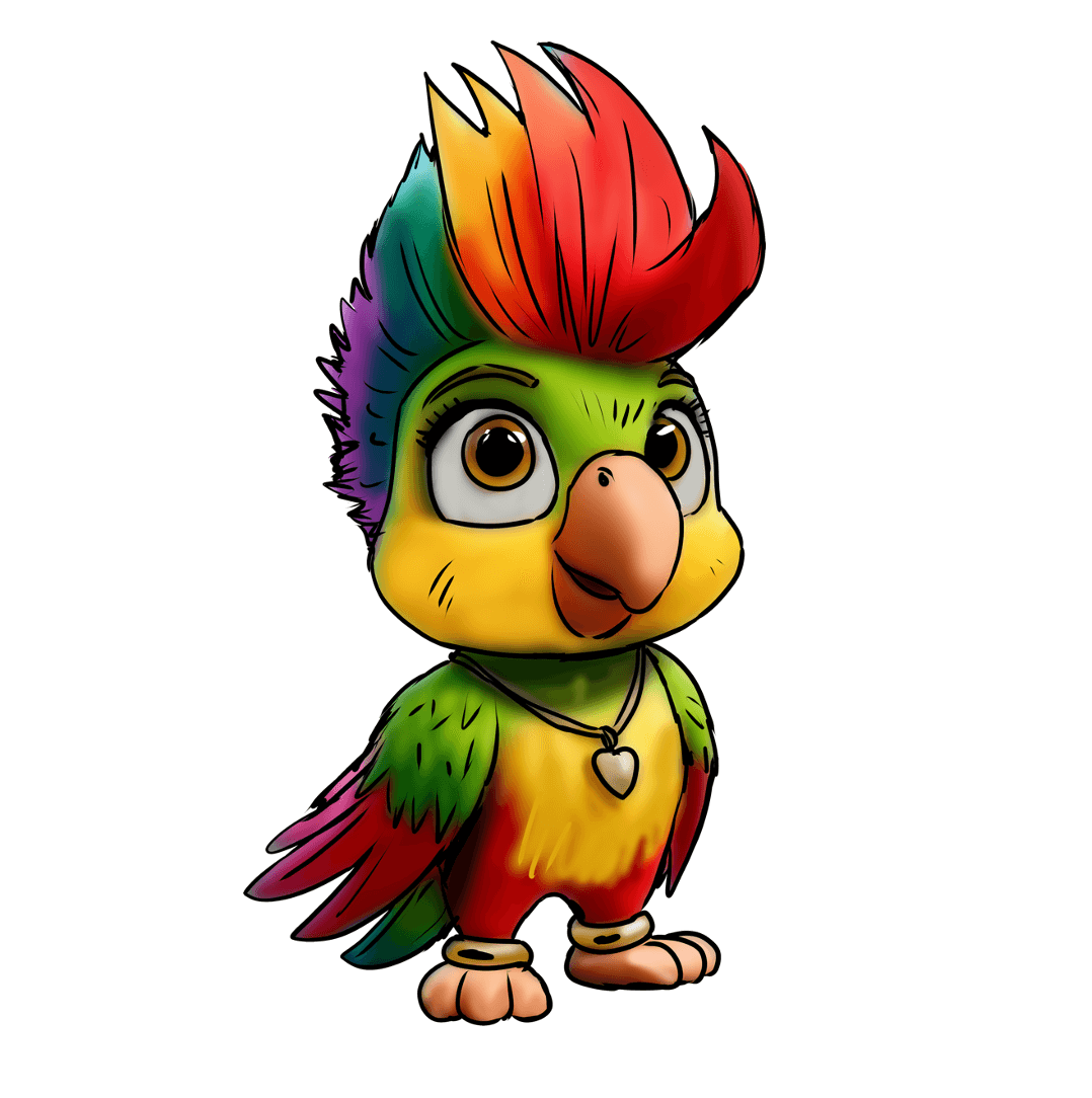 Colorful cartoon bird with rainbow crest, yellow chest, green head, and red and purple feathers, wearing a silver heart necklace and bangles.