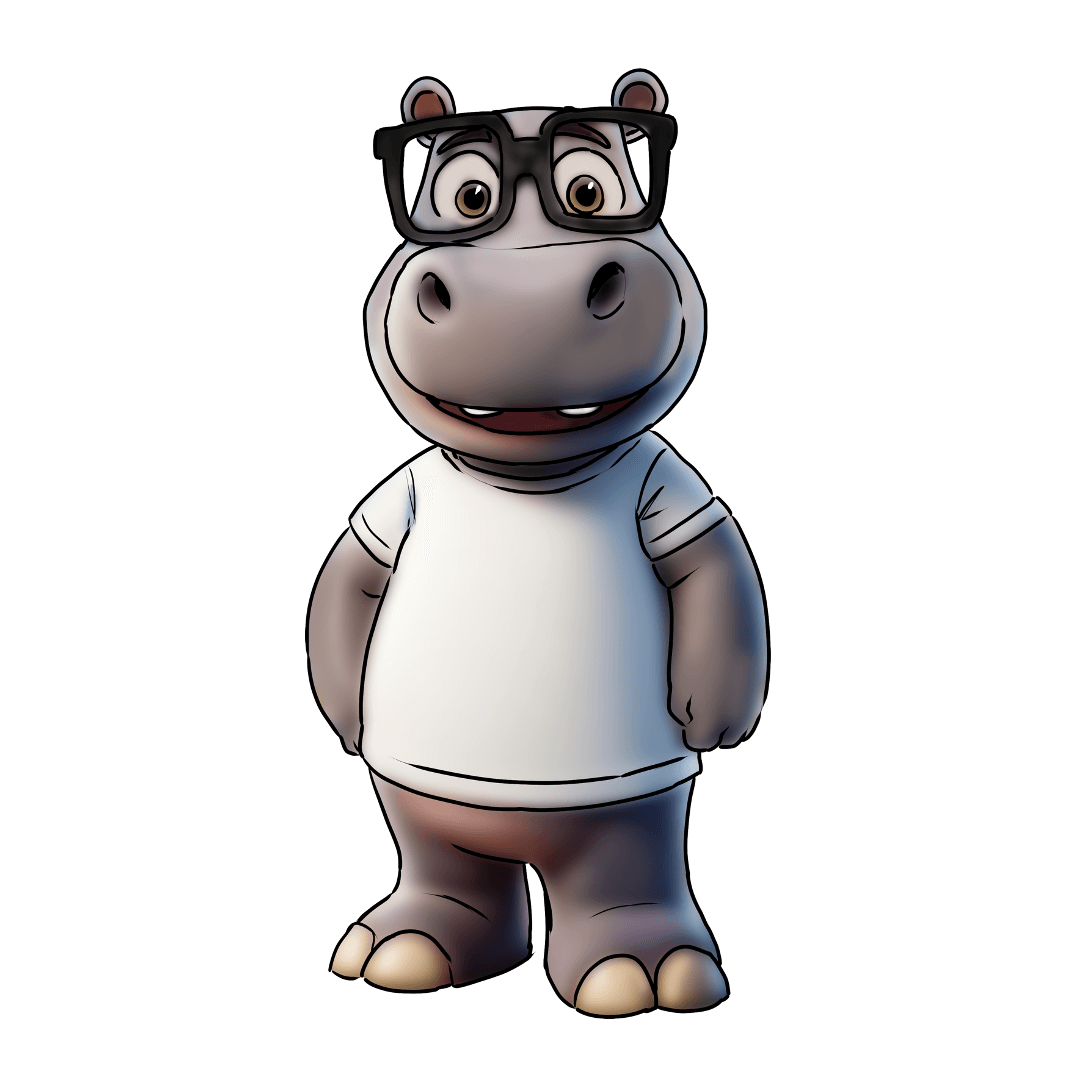 Cartoon hippo wearing glasses and a white T-shirt, standing on a white background.
