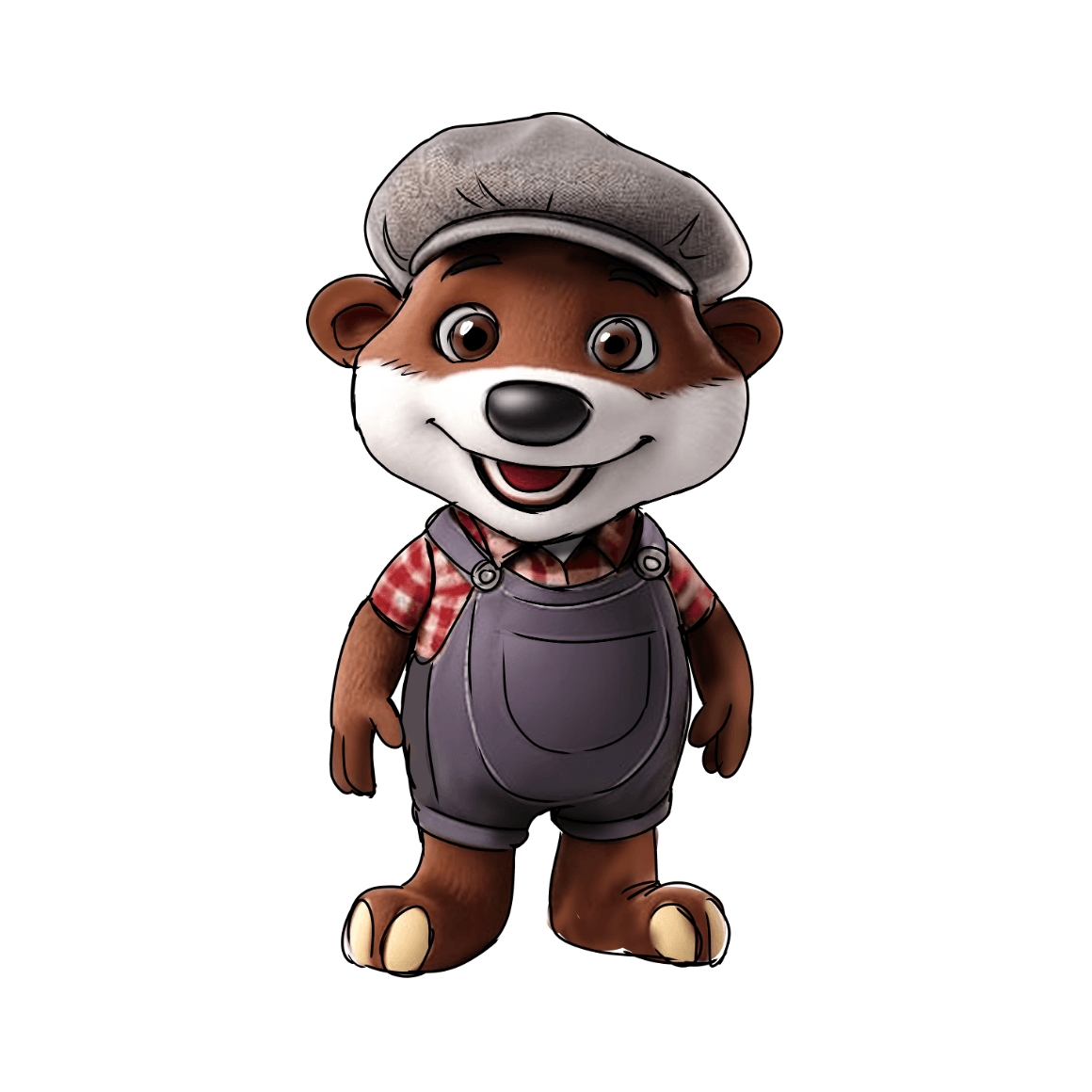 Cartoon otter wearing a gray cap, red checkered shirt, and gray overalls, standing and smiling