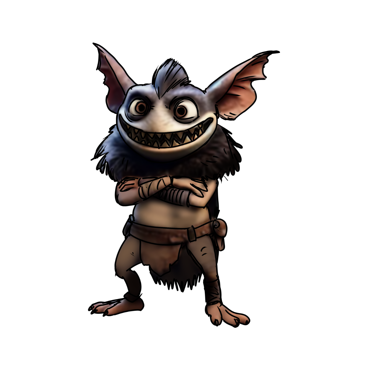 A fantasy creature with large ears, a wide mouth with sharp teeth, big eyes, and a furry body. It is crossing its arms and standing on two legs, wearing a simple loincloth.