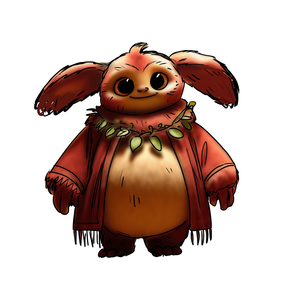 An animated creature with large black eyes, floppy ears, and a brown, furry body dressed in a red jacket and wearing a leafy necklace.