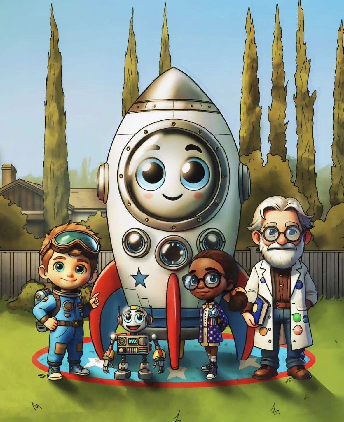 Animated characters, children, a robot, and an adult scientist standing in front of a rocket in a backyard with trees and fence.
