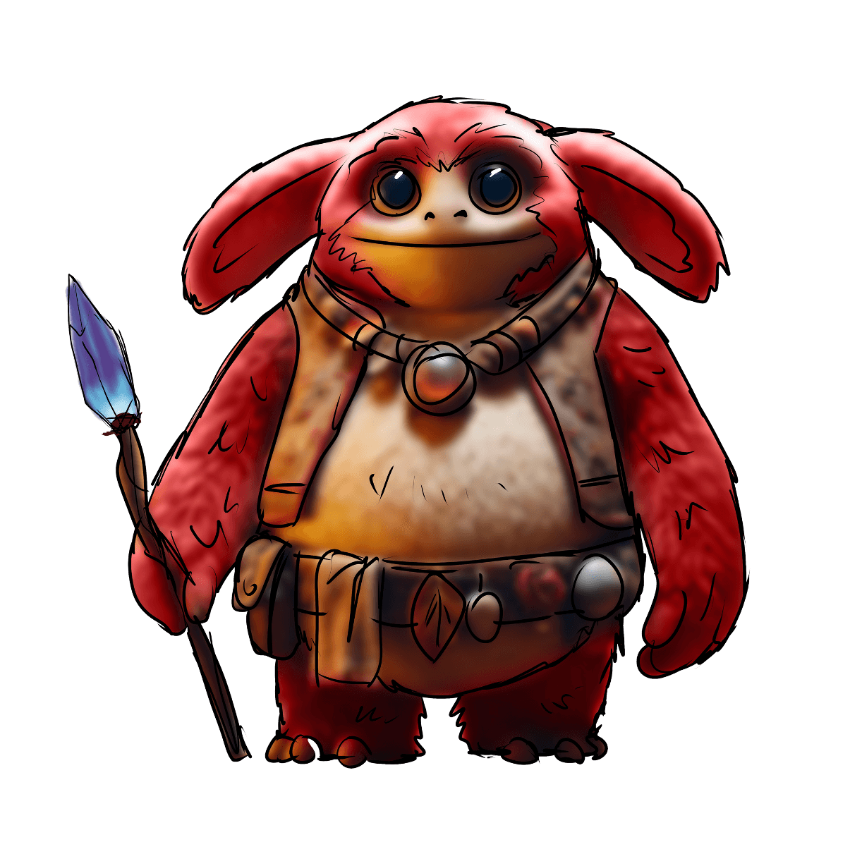 Animated character of a small, furry creature with large eyes, red ears, and a round body, holding a spear, wearing a necklace, belt, and accessories, with a friendly expression.