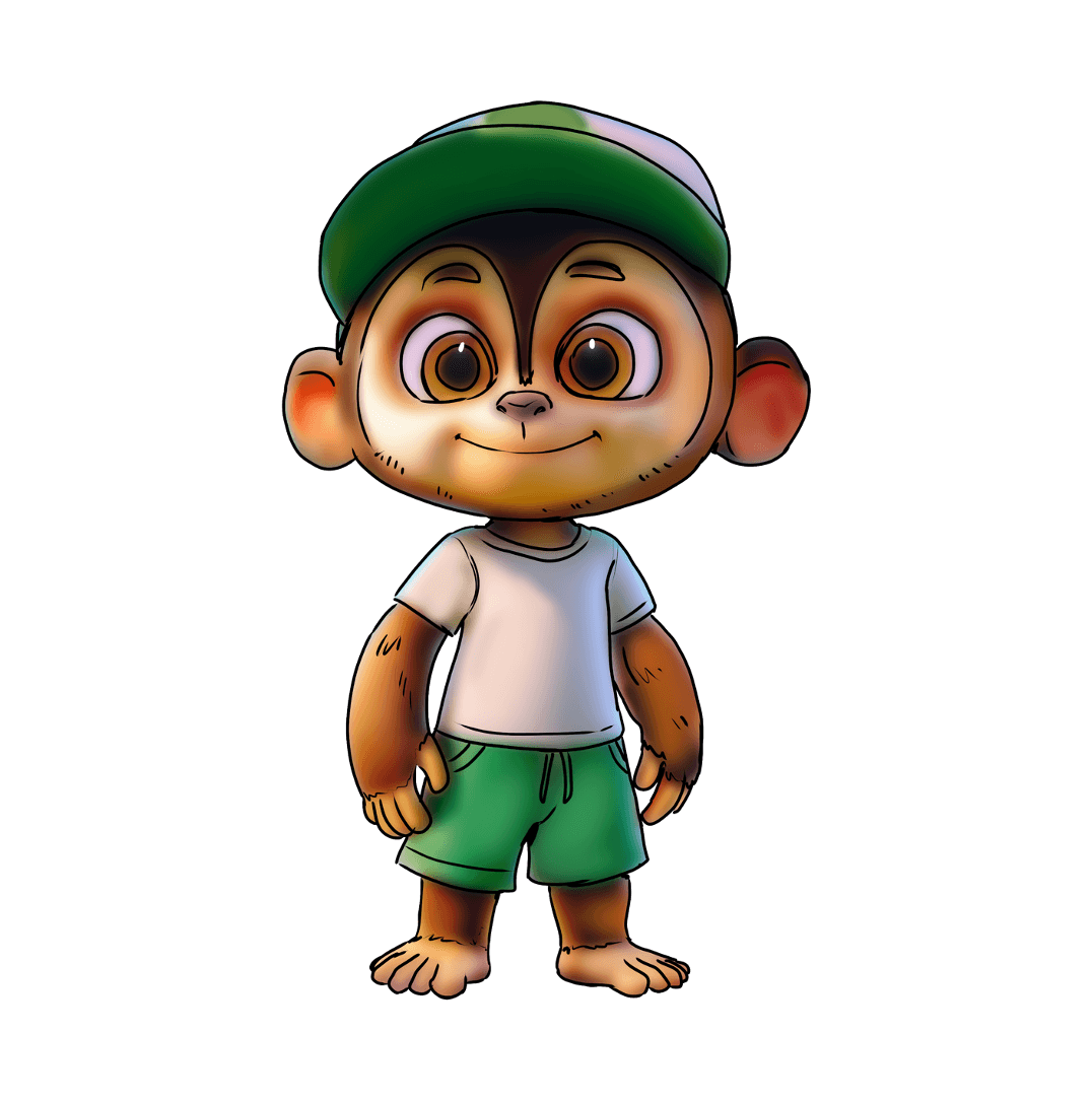 A cartoon character of a young boy with large eyes, wearing a green baseball cap, a white t-shirt, and green shorts, standing barefoot.
