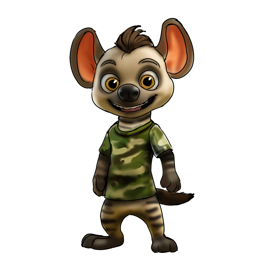 Animated character of a hyena with a big smile, wearing a camouflage shirt, with large ears, and a tuft of hair on his head.