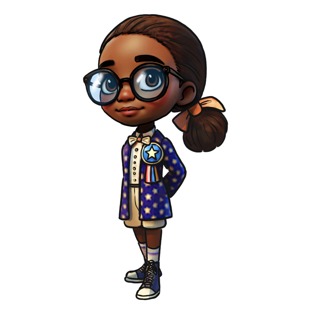 Cartoon girl with glasses, brown hair in a ponytail, wearing a star-spangled jacket, beige shorts, striped socks, high-top sneakers, and a badge with a star and ribbon.