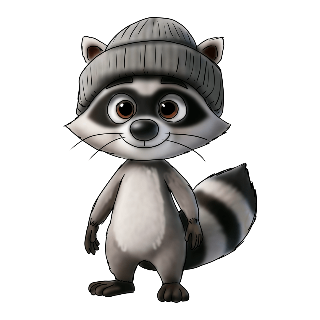 A cute animated raccoon wearing a gray beanie hat, standing against a white background.