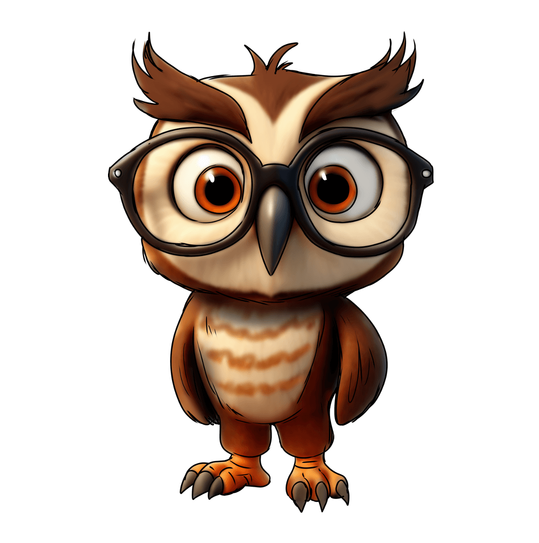 Cartoon owl with large glasses, brown and cream feathers, and big eyes.