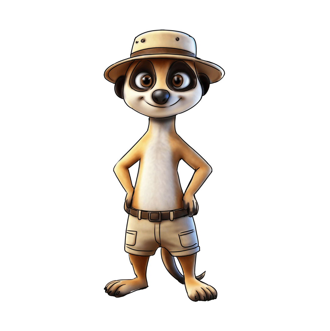 Animated raccoon dressed as an explorer, wearing a safari hat and shorts, standing with hands on hips, smiling.