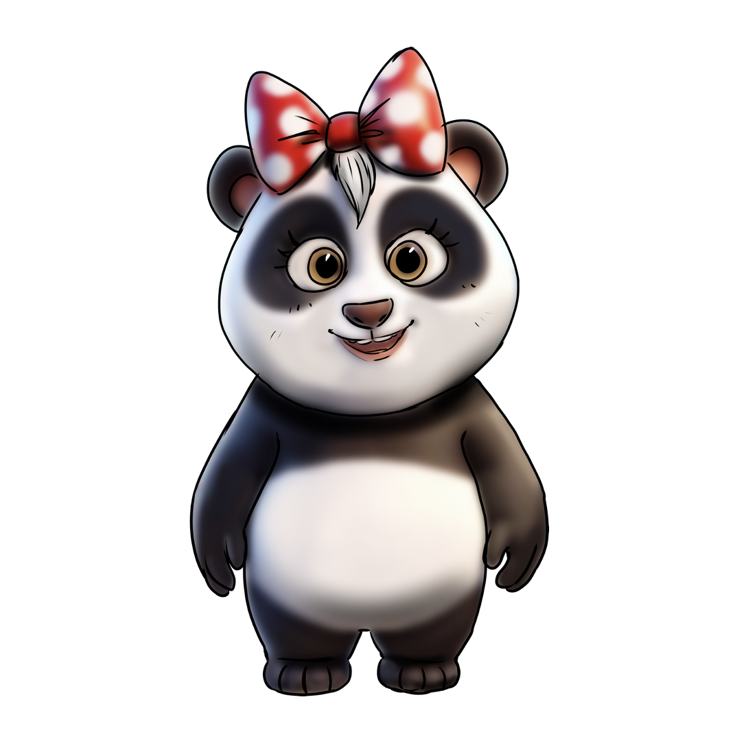 Cartoon panda bear wearing a red and white polka dot bow with a friendly expression.