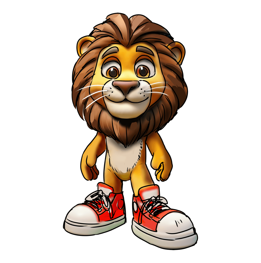 Cartoon lion character wearing red sneakers.