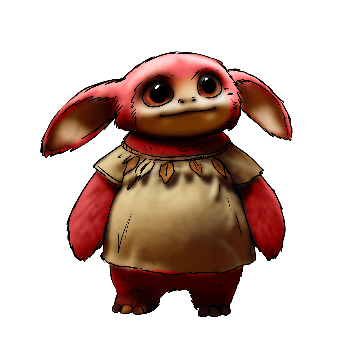 A cute digital illustration of an anthropomorphic creature with large eyes, pink and brown fur, big floppy ears, and wearing a beige dress with leaf details.