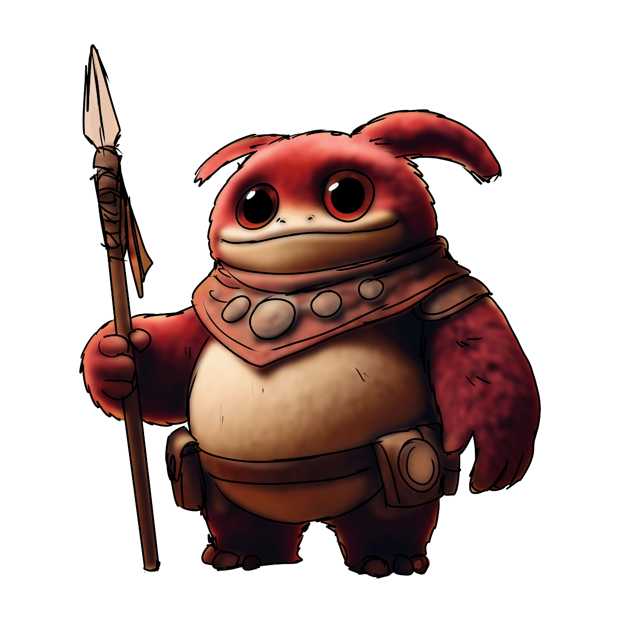 A cartoon character resembling a small, chubby, red plush animal with large black eyes, holding a spear, wearing a brown bandana and a belt with pouches.