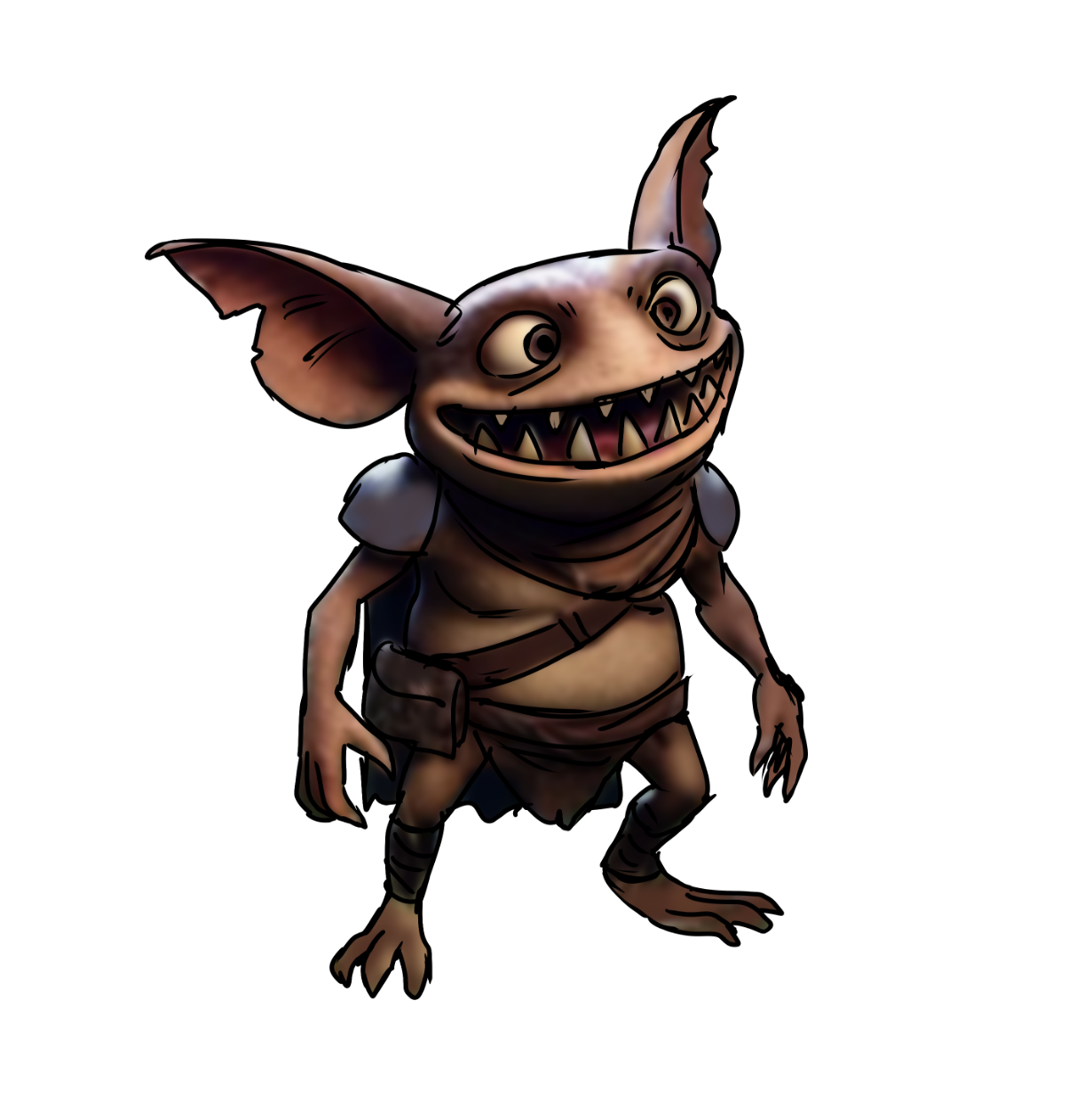 A cartoon creature with large ears, sharp teeth, and big eyes, wearing a tunic and carrying a backpack.