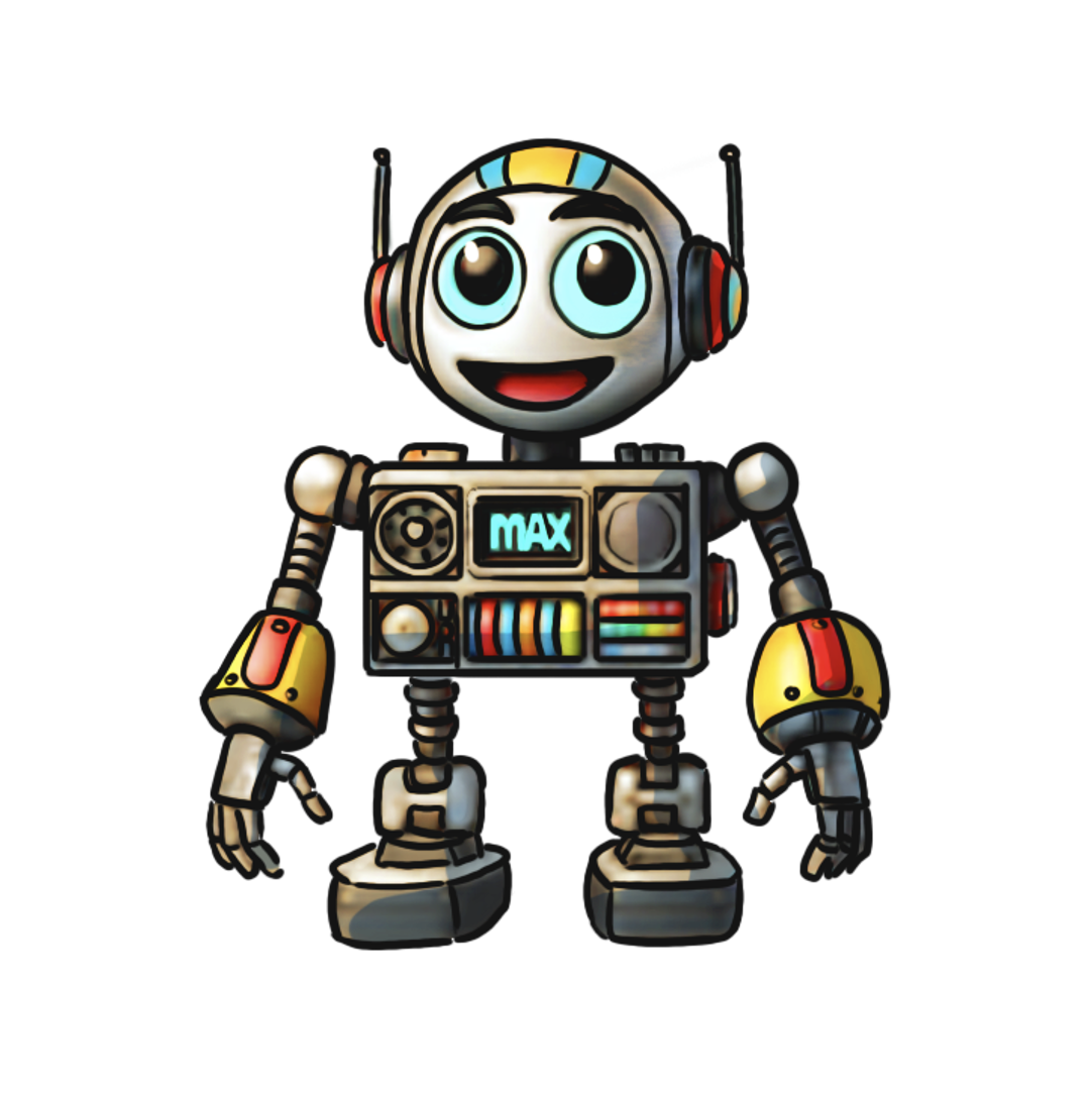 Cartoon robot with big blue eyes, a wide smile, wearing headphones, with a colorful control panel on its chest that displays the word 'MAX', and standing against a white background.