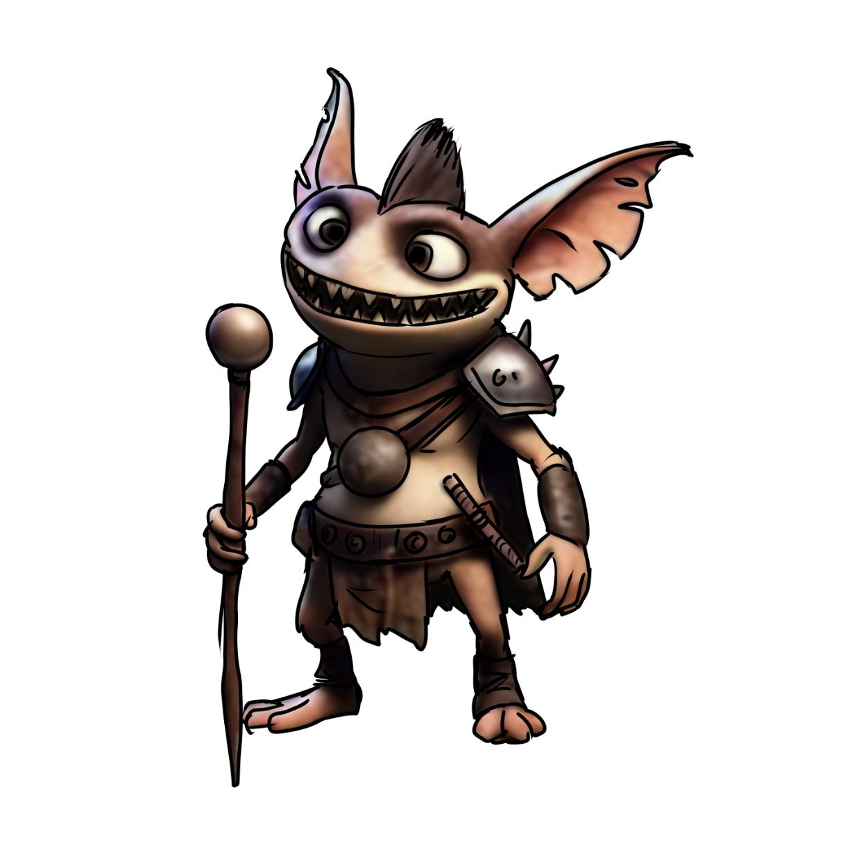 A cartoon creature with large bat-like ears, big eyes, sharp teeth, and brown fur, dressed as a warrior with armor, a spear, and a sword, standing on two legs against a white background.