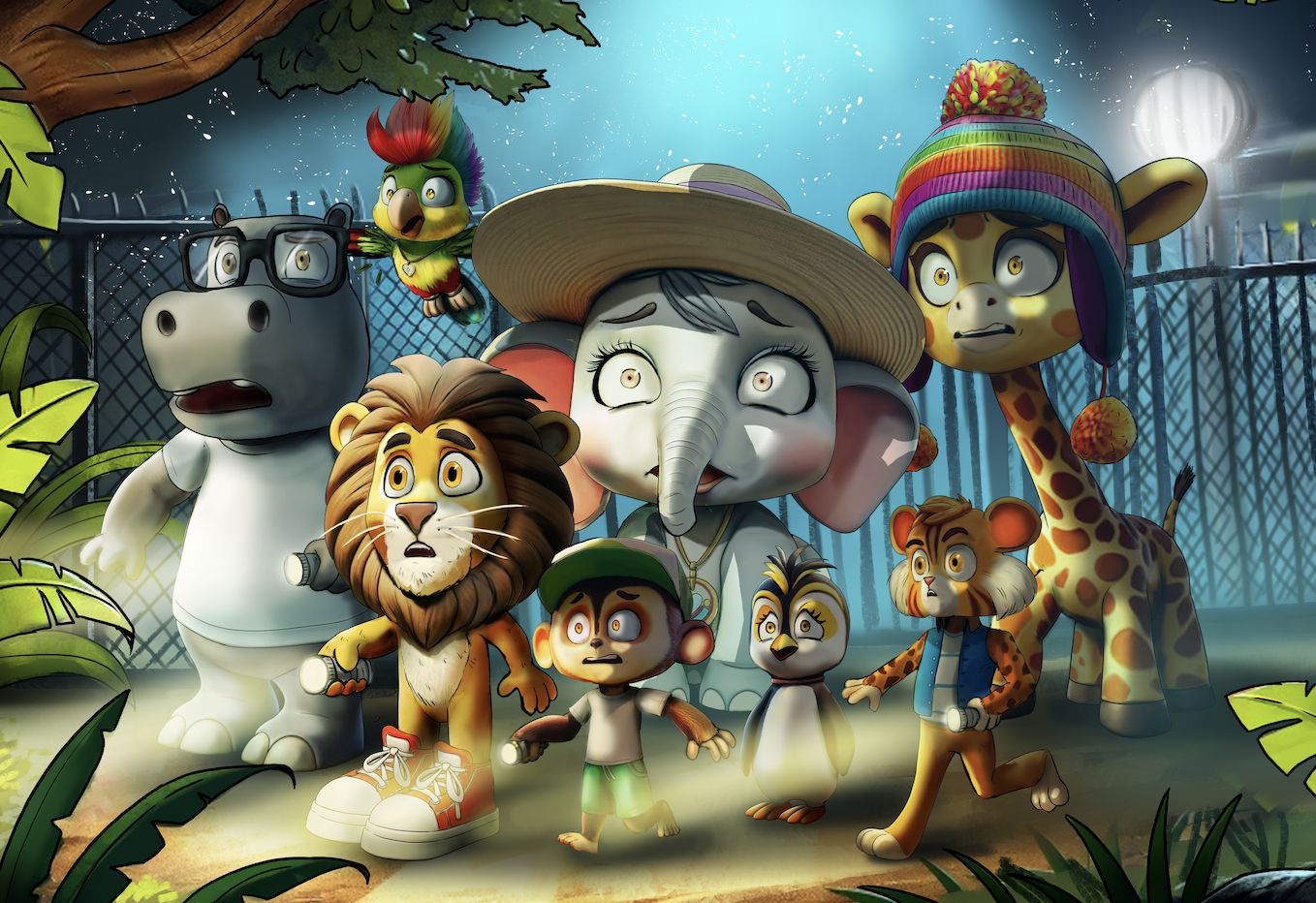 Animated group of animals including a hippopotamus, parrot, elephant, giraffe, lion, monkey, and zebra with surprised expressions in a zoo enclosure at night.