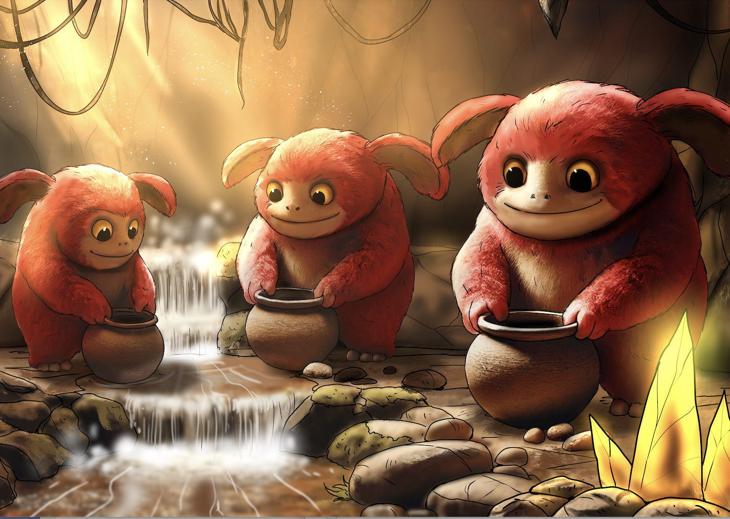 Three cute, furry, red creatures with large eyes and floppy ears, holding pottery pots, are inside a cozy cave with a small waterfall, rocks, and glowing plants.