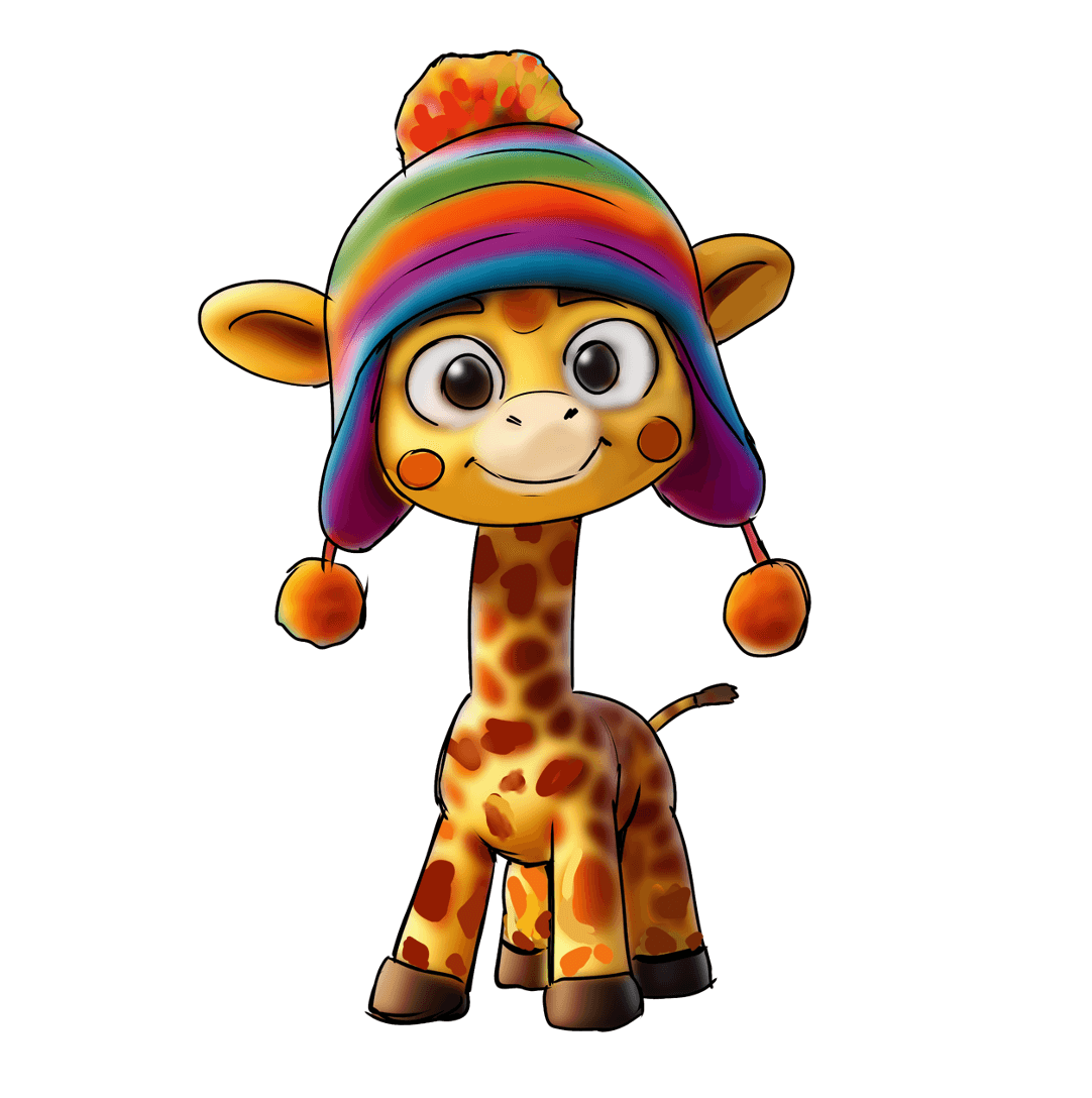 Cute cartoon giraffe wearing a colorful rainbow beanie with pom-poms.