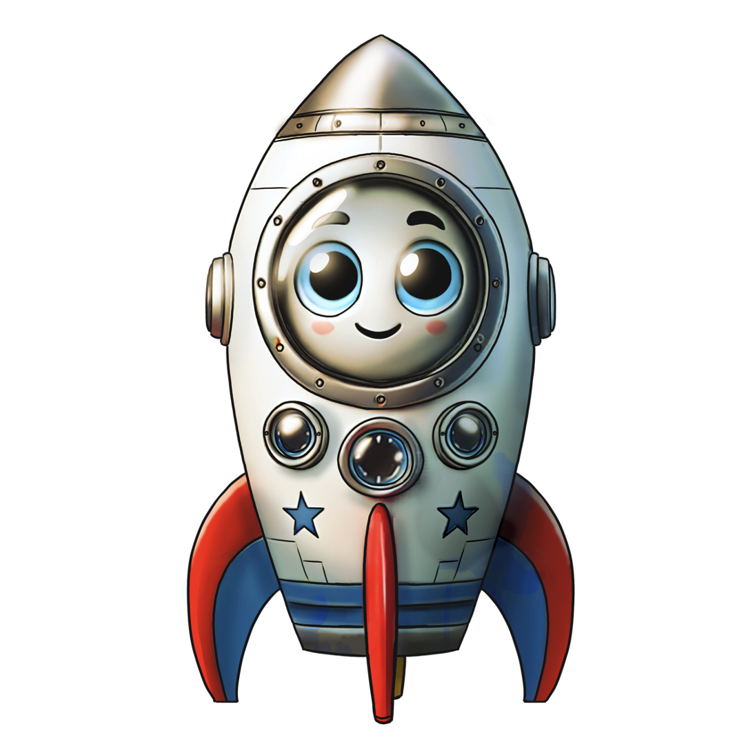 Cartoon robot with a spaceship body, big blue eyes, and red and blue fins, smiling with rosy cheeks.