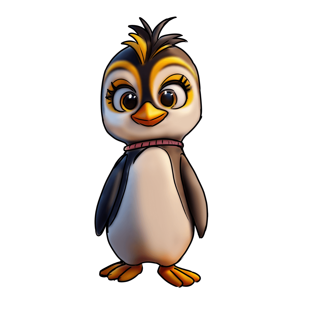 Animated penguin character with large eyes, yellow eyebrows, and a slight smile, standing upright against a white background.