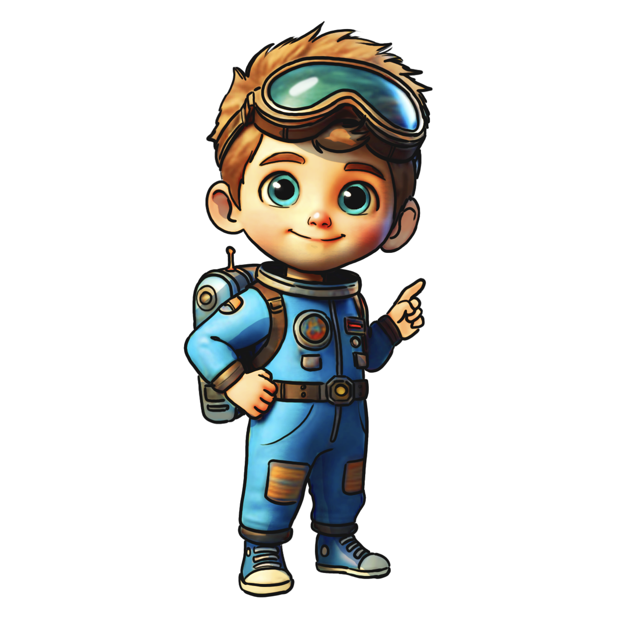 Cartoon boy dressed as an astronaut with goggles on his head, pointing upward, smiling, carrying a backpack, and wearing a space-themed suit.