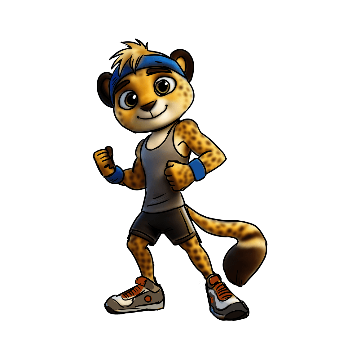 Animated anthropomorphic cheetah character in athletic workout attire, including a tank top, shorts, sneakers, and wristbands, posing confidently with clenched fists and a friendly expression.