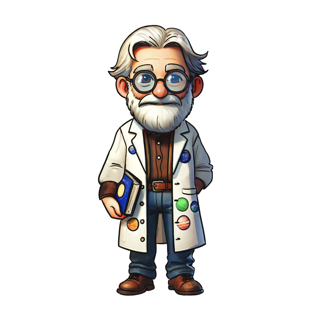 Cartoon scientist with gray hair and beard wearing glasses, a white lab coat with planetary buttons, holding a book, standing with one hand in pocket.