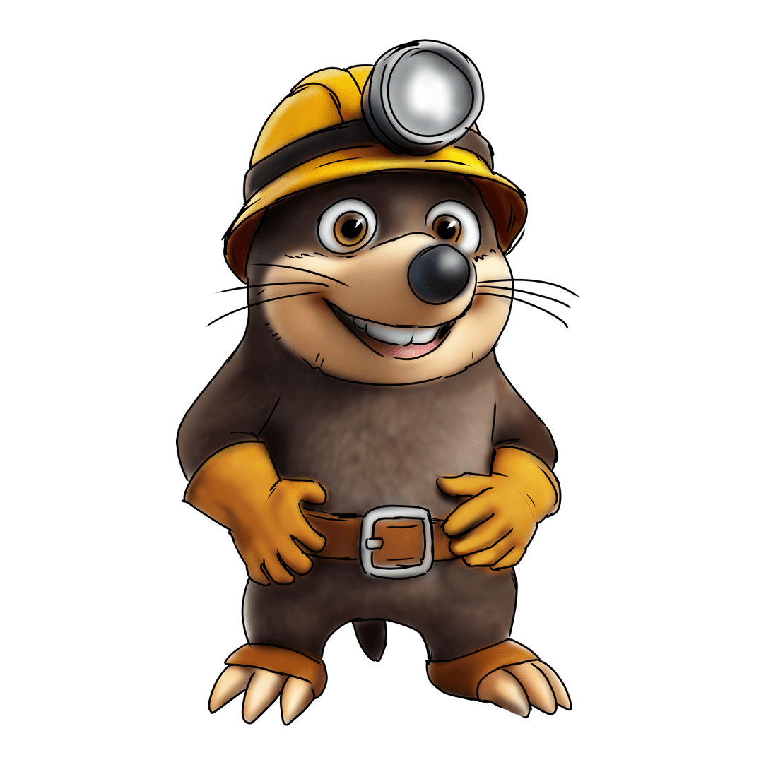 Cartoon beaver dressed as a miner with a yellow helmet and a headlamp, standing with hands on hips and smiling.