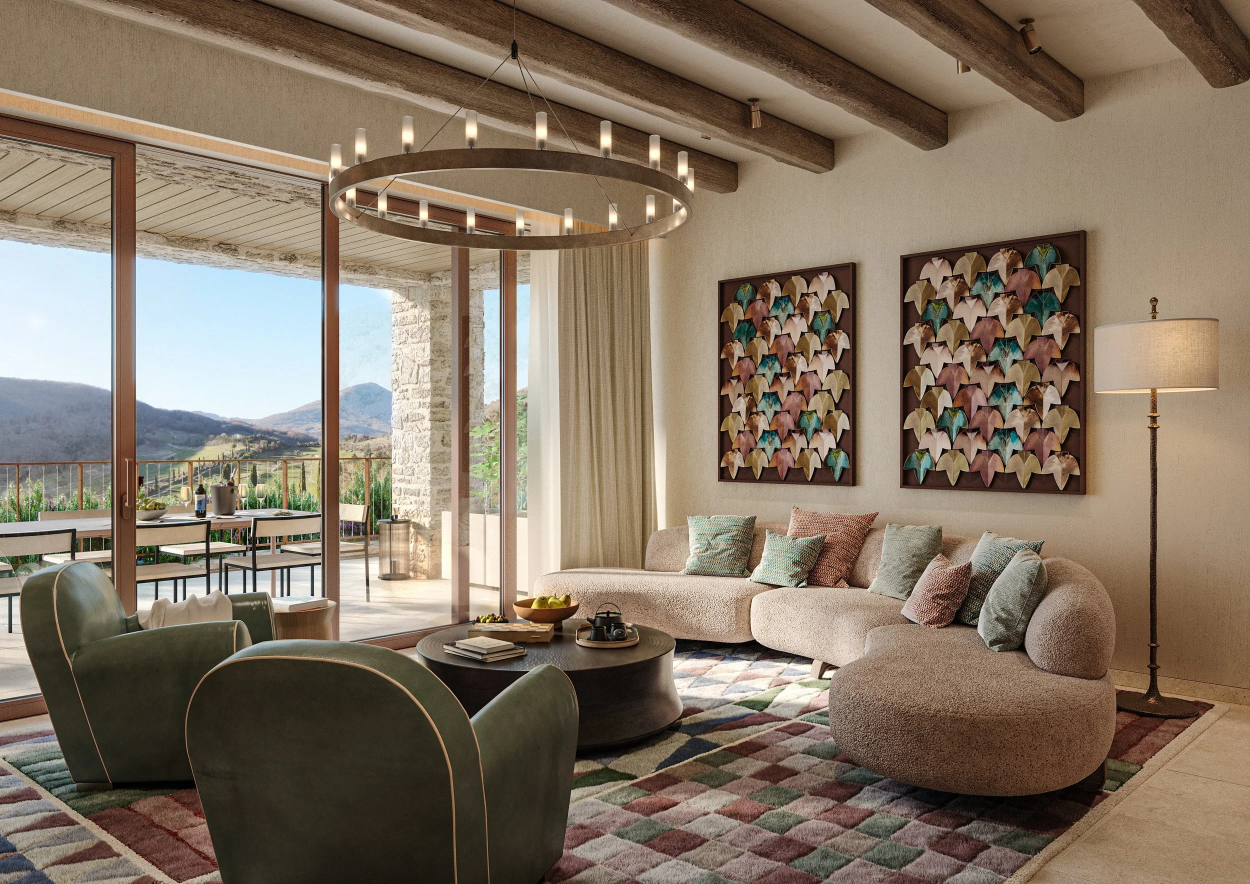 Furnished living room with mountain view.